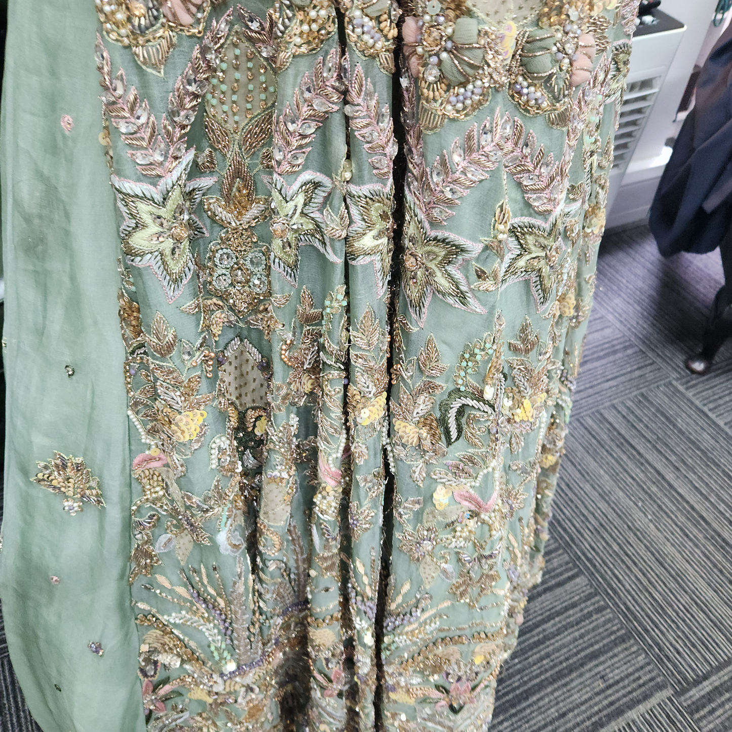 Sage & Gold Silk Embroidered Bridal Wear Trail Cut Lehenga