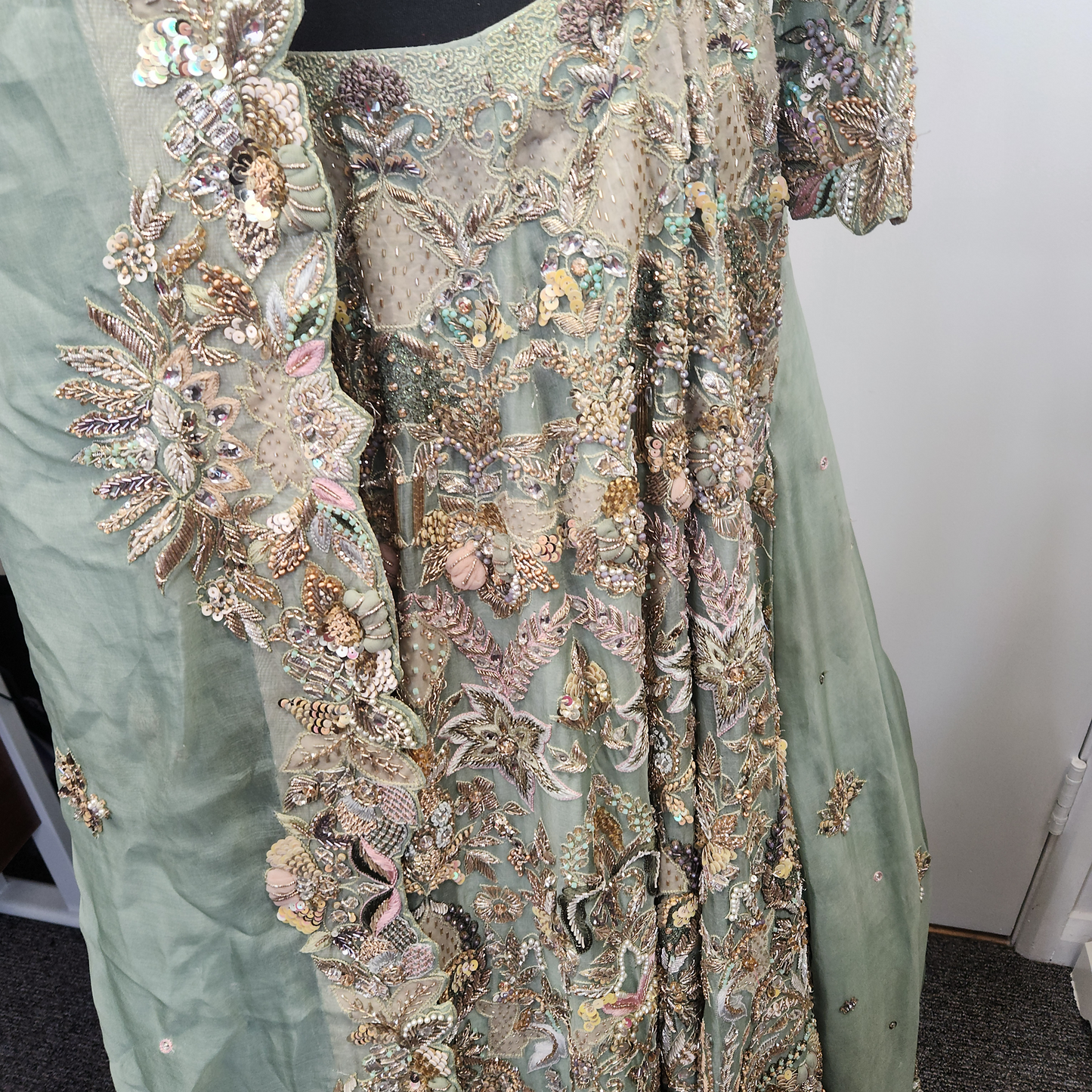 Pistachio & Gold Silk Embroidered Bridal Wear Trail Cut Lehenga 3pc