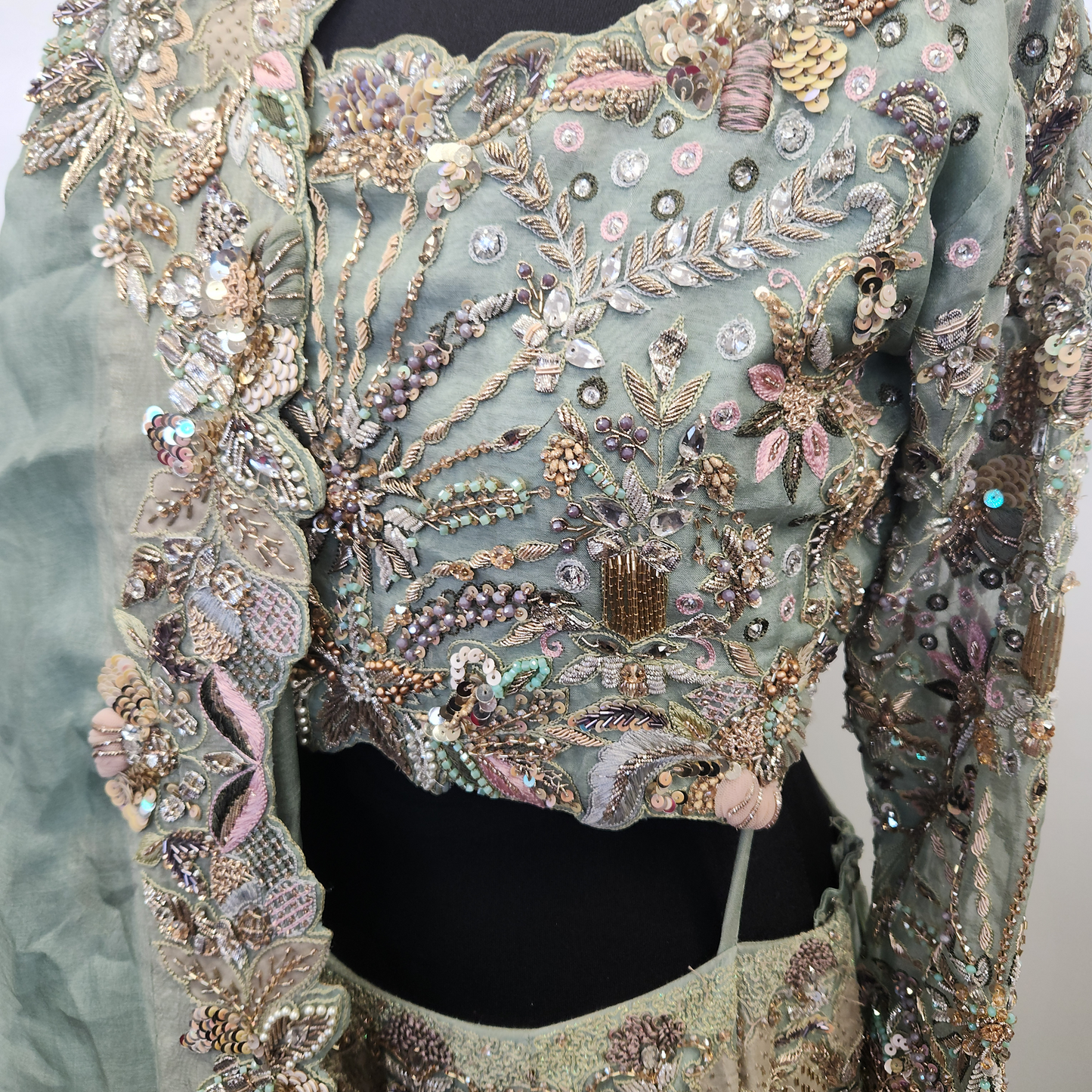 Pistachio & Gold Silk Embroidered Bridal Wear Trail Cut Lehenga 3pc