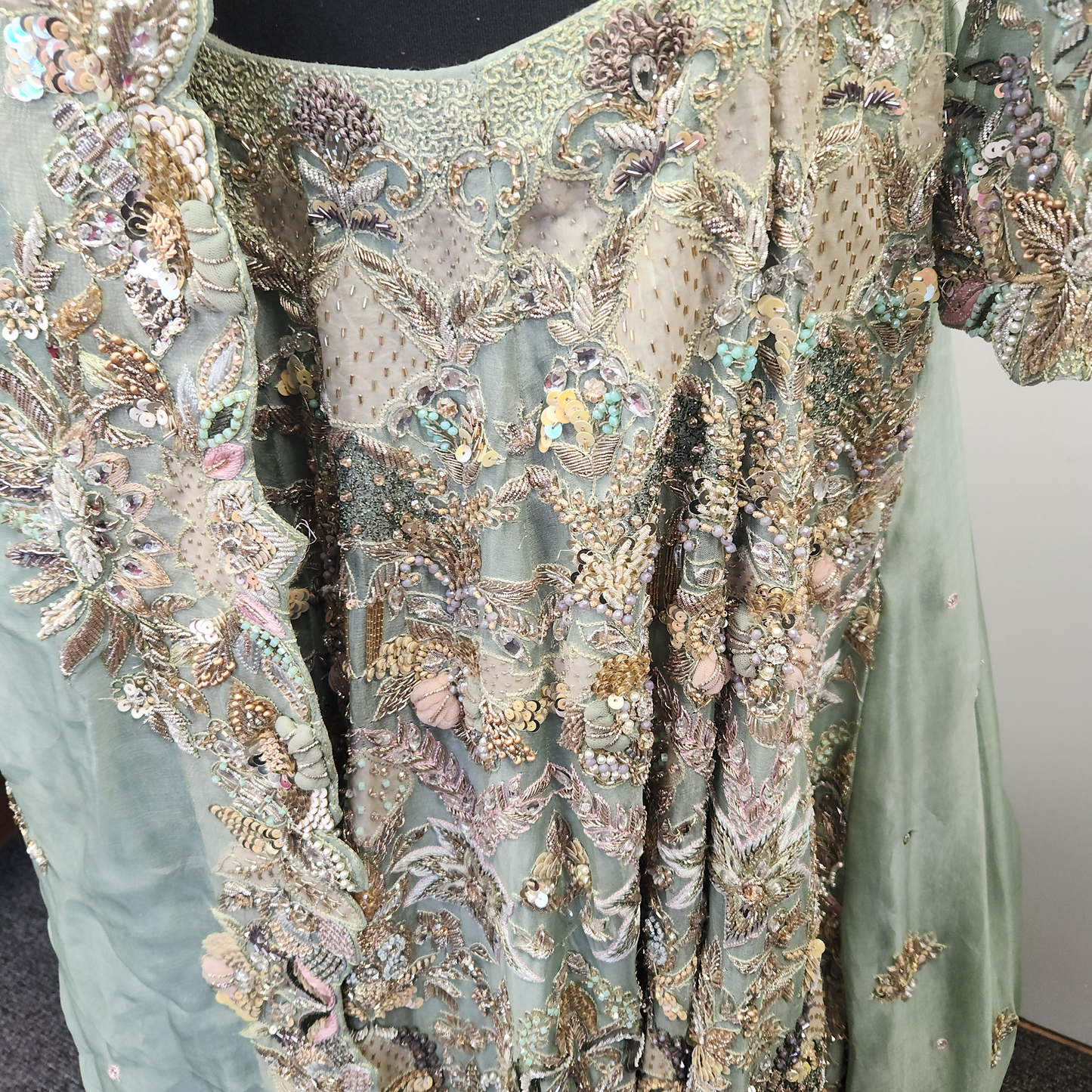 Pistachio & Gold Silk Embroidered Bridal Wear Trail Cut Lehenga 3pc