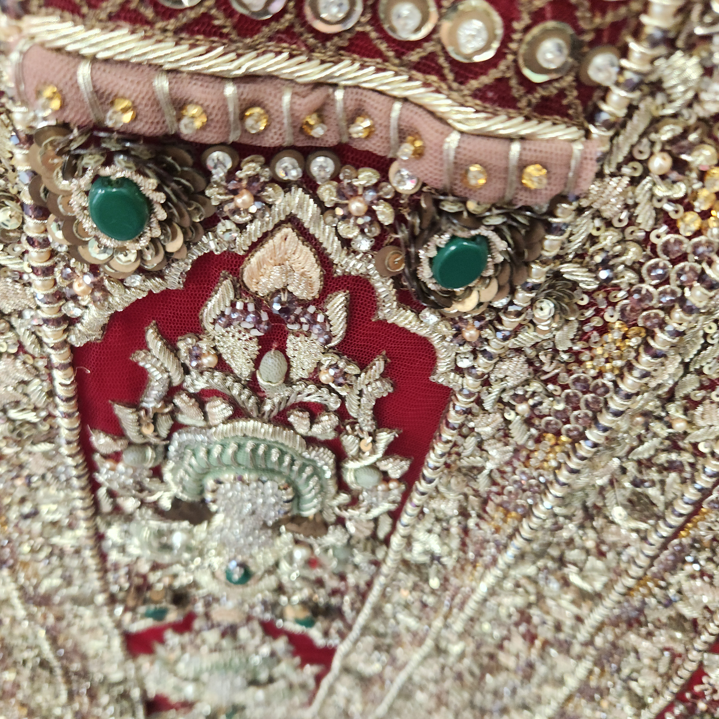 Red & Gold motifs and green gemstones Bridal Wear 2pc