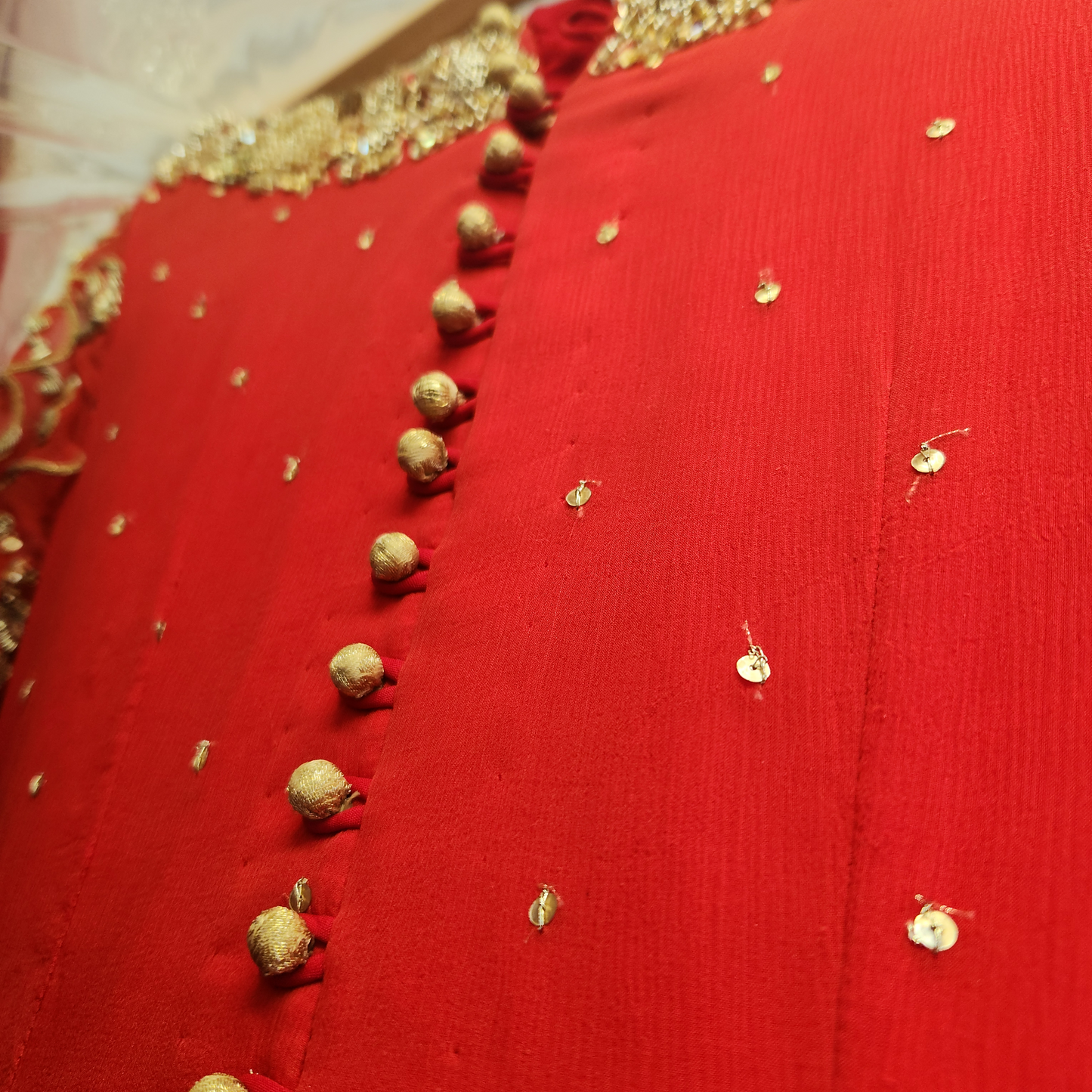 Bright Red & Gold 3pc heavy gold embroidery with pearl and diamanté detailing.