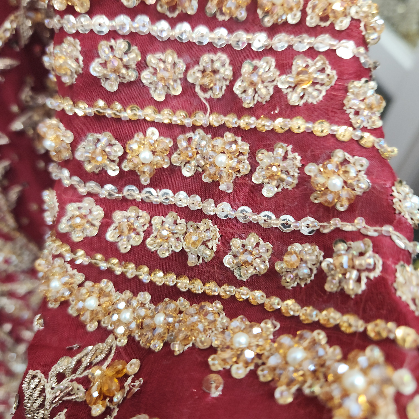 Deep Red and Amber stones Leaf Embroidery 2pc Bridal