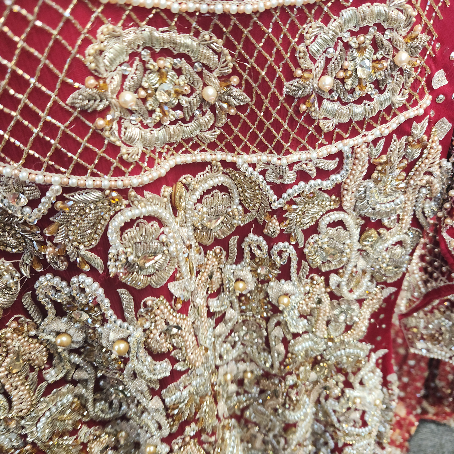 Exquisite Bridal Red Diamante & Pearl detailed 2 pc Lengha