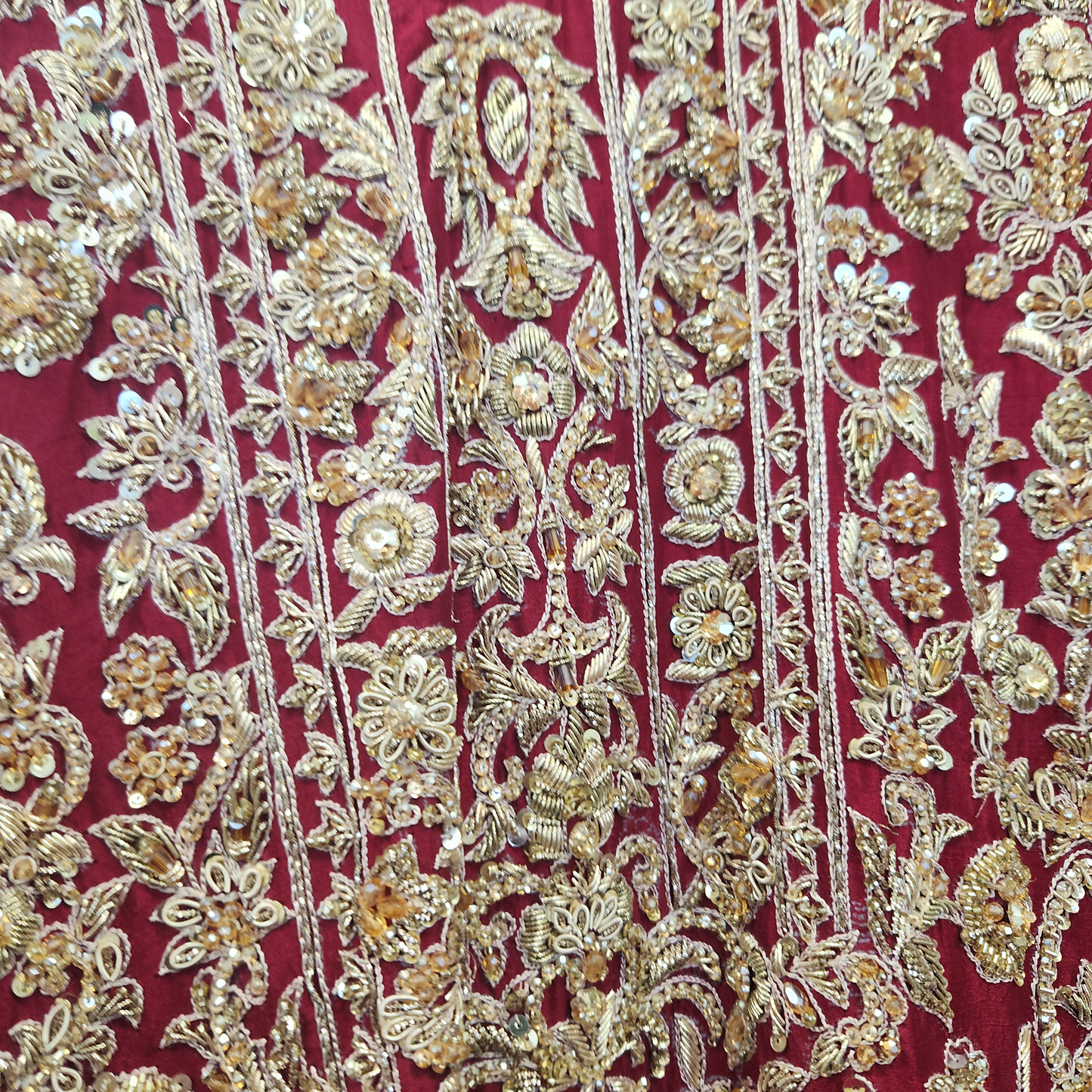 2pc Red + Amber motifs with heavy gold embroidery