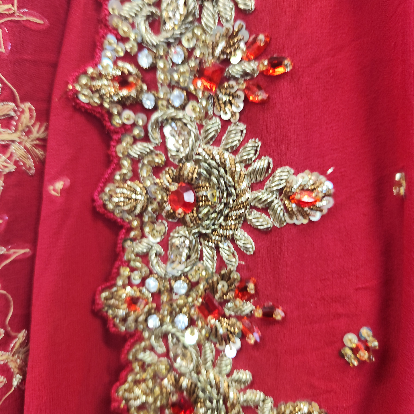 2pc bright red + red stone work and gold intricate embellishments skirt and duppatta