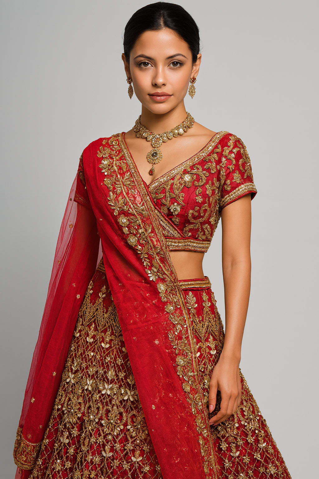 Deep Red & Gold Silk Embroidered Bridal Wear Trail Cut Lehenga