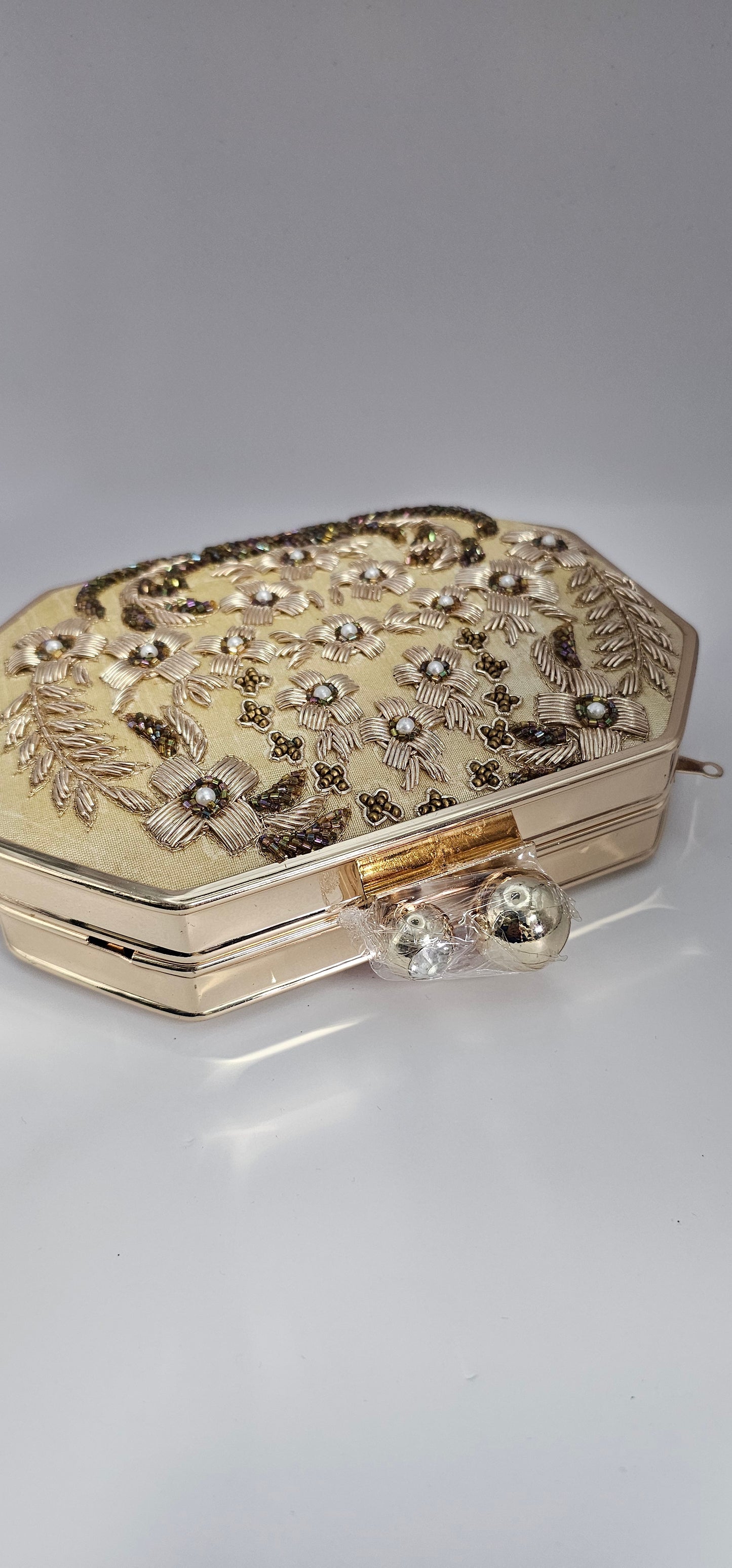 Champagne & Gold Embroidered Rectangular Clutch Bag