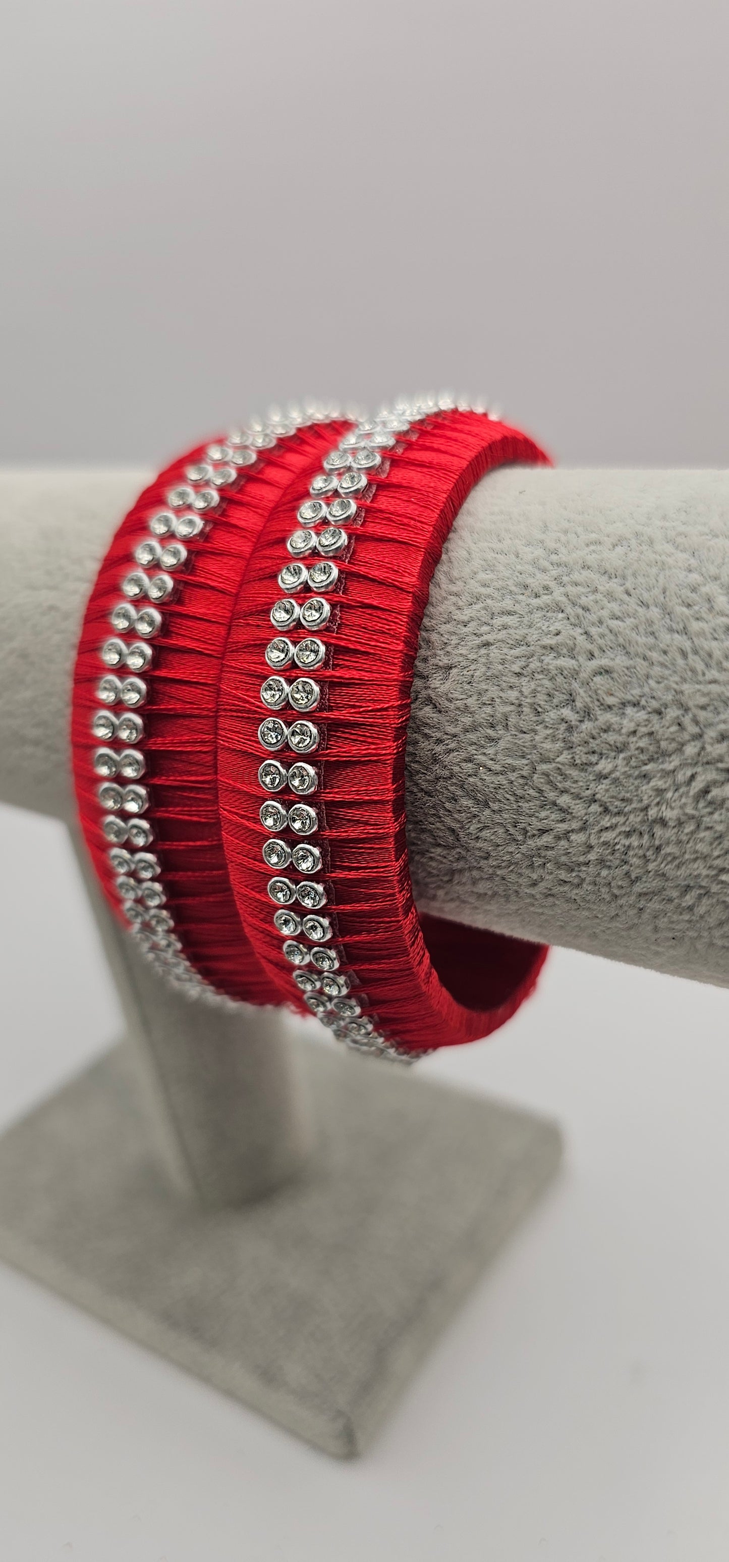 Red Fabric Bangle With Silver Stone Detail Size 2.6