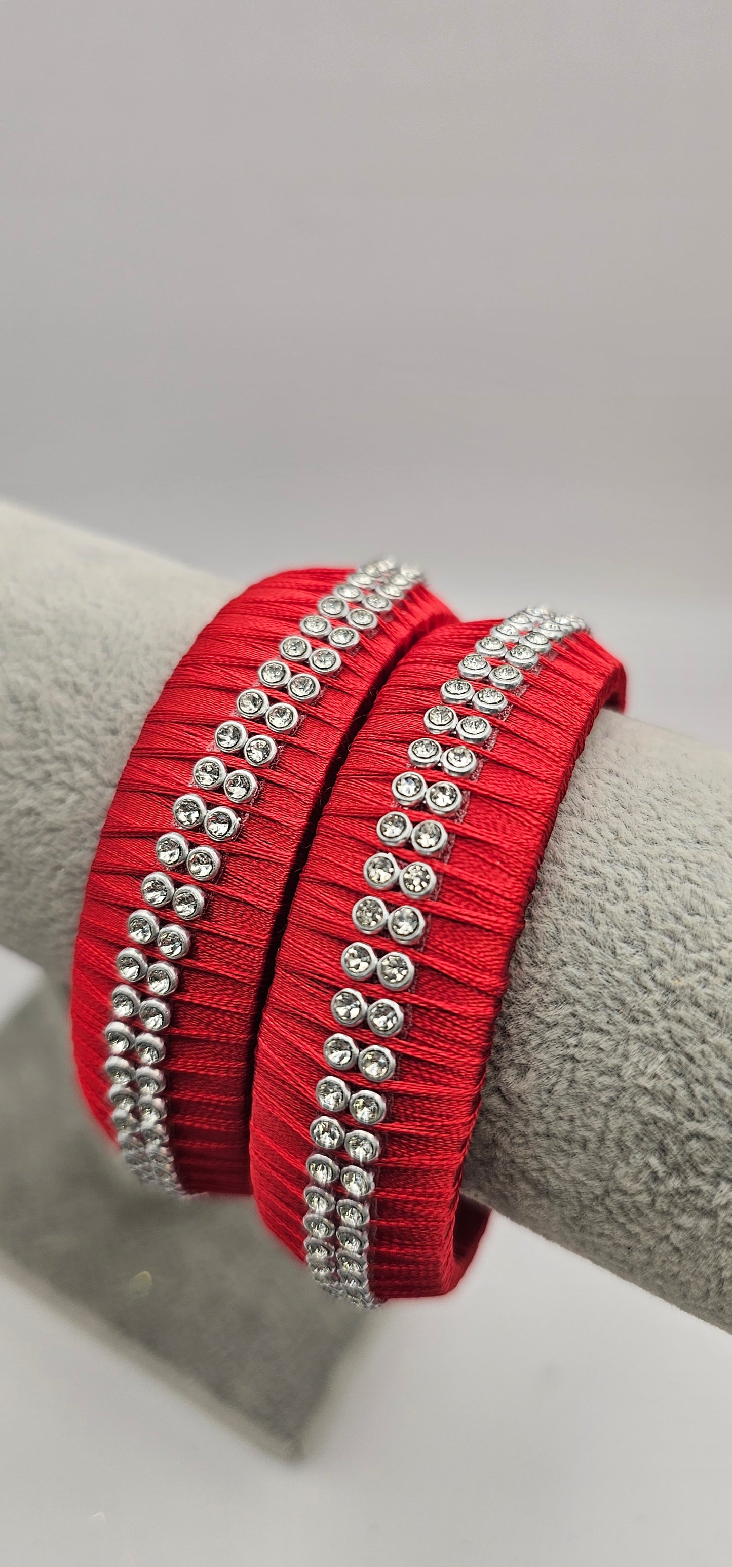 Red Fabric Bangle With Silver Stone Detail Size 2.6
