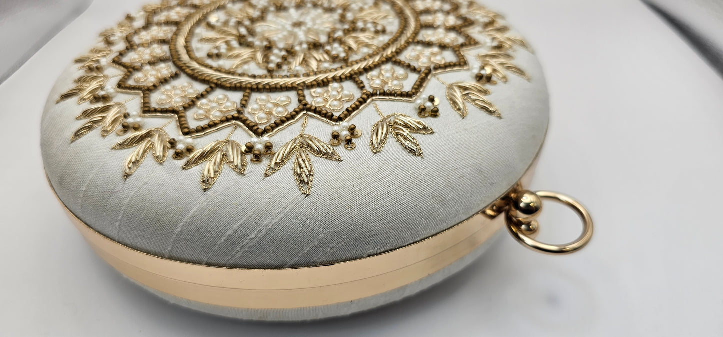 Silk Off White Champagne Round Handcrafted Mandala Design Clutch