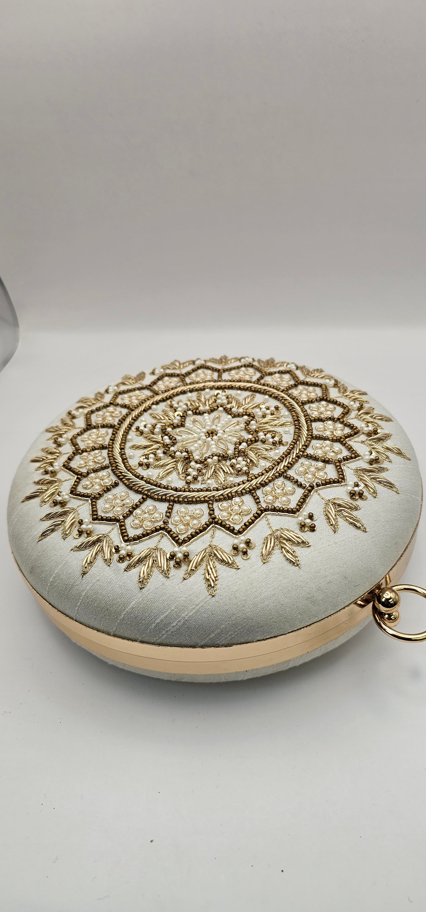 Silk Off White Champagne Round Handcrafted Mandala Design Clutch