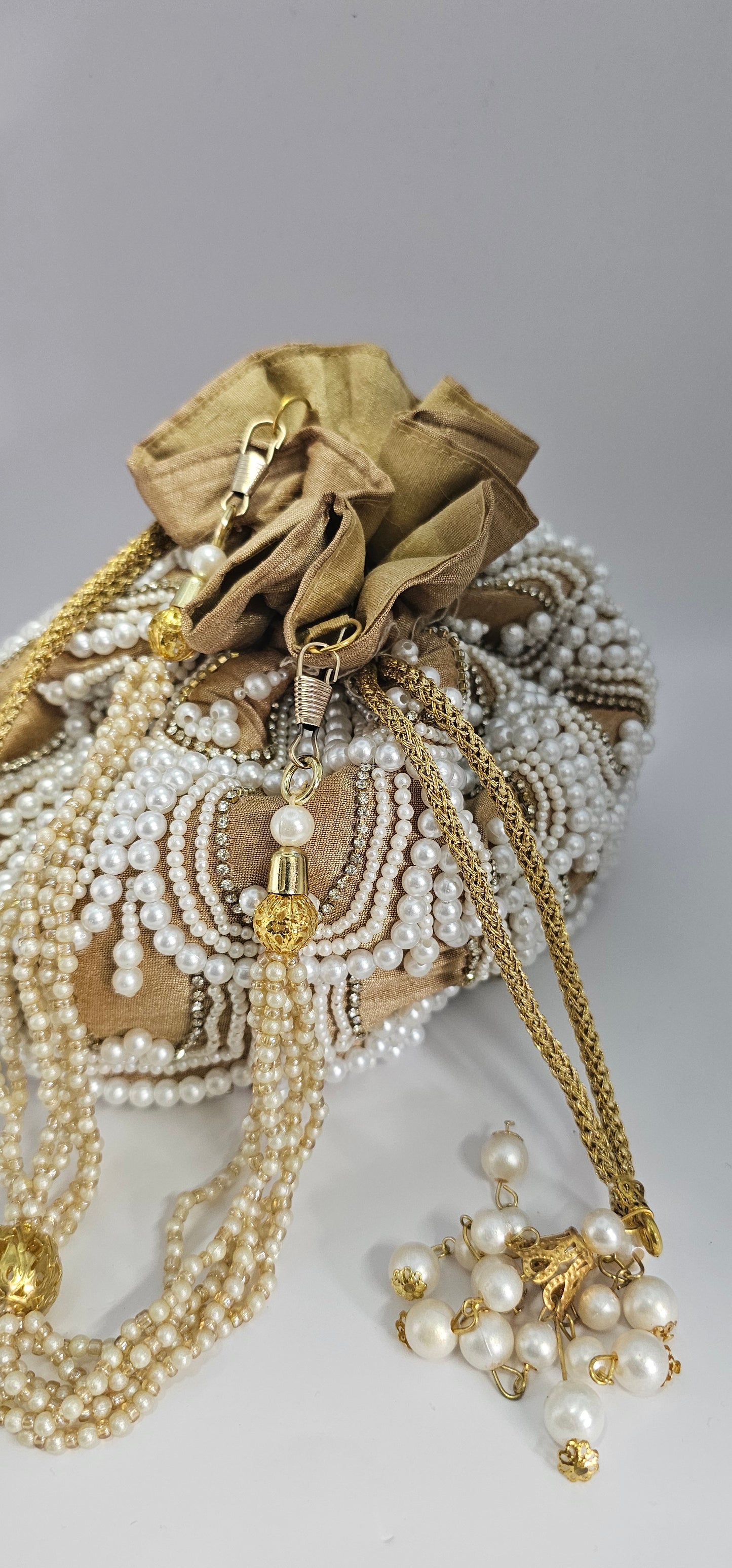 Gold & Pearl Potli Bag | Gold Beaded Studded Clutch / Lotus Bag