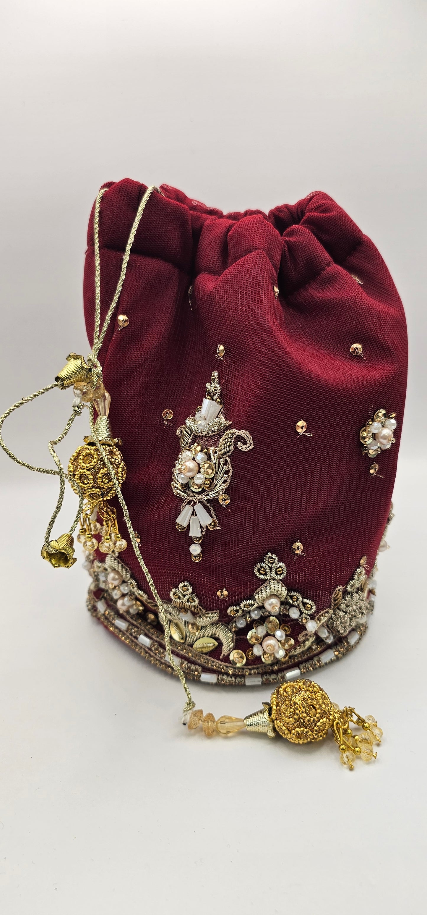 Maroon Red Embroidered With Gold & Rhinestone Detailing Potli Lotus Bag