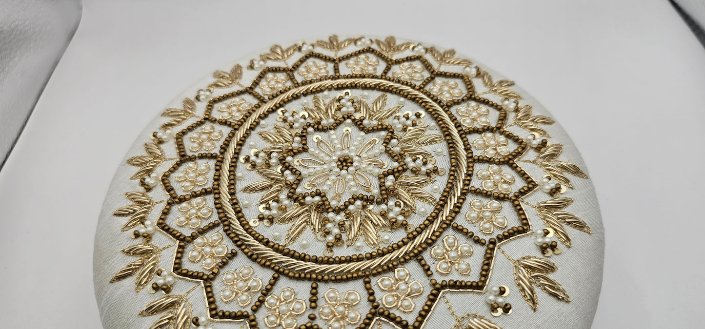 Silk Off White Champagne Round Handcrafted Mandala Design Clutch