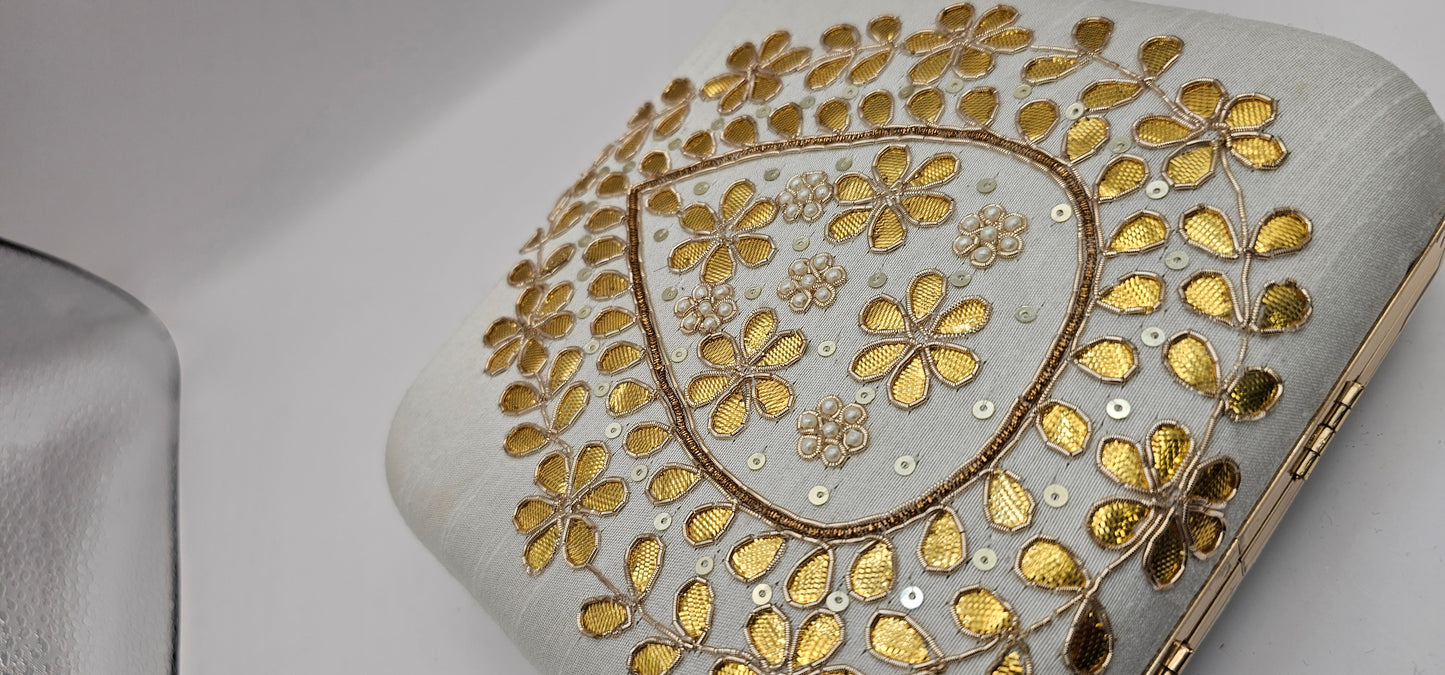 Silk Off White Mandala Design Square Clutch Bag