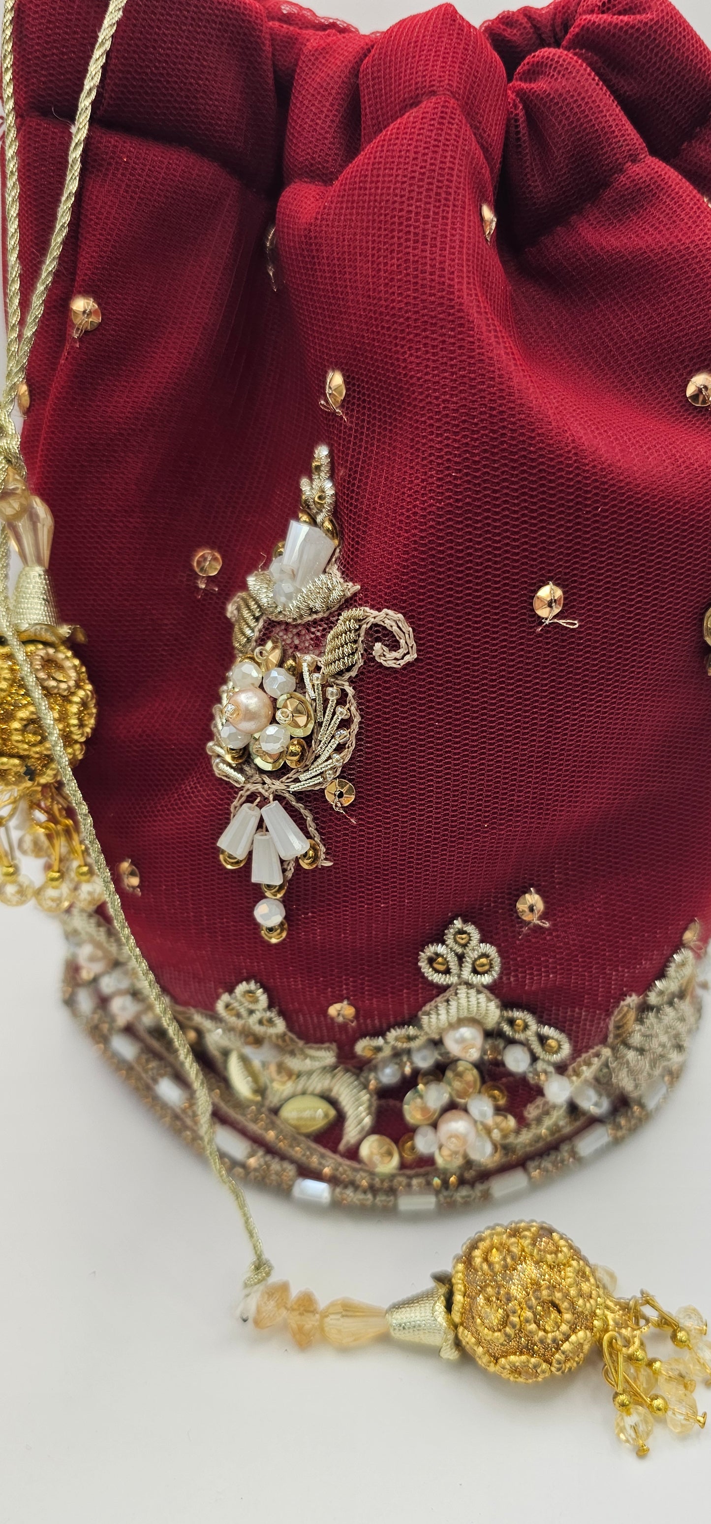 Maroon Red Embroidered With Gold & Rhinestone Detailing Potli Lotus Bag