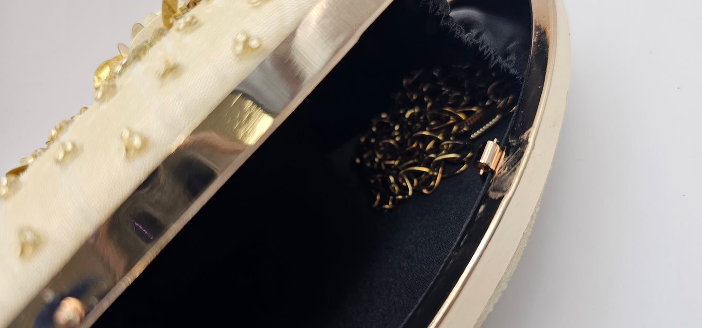 Silk Champagne Coloured Gold Rhinestones, Sequins Oval Shaped Embellished Clutch