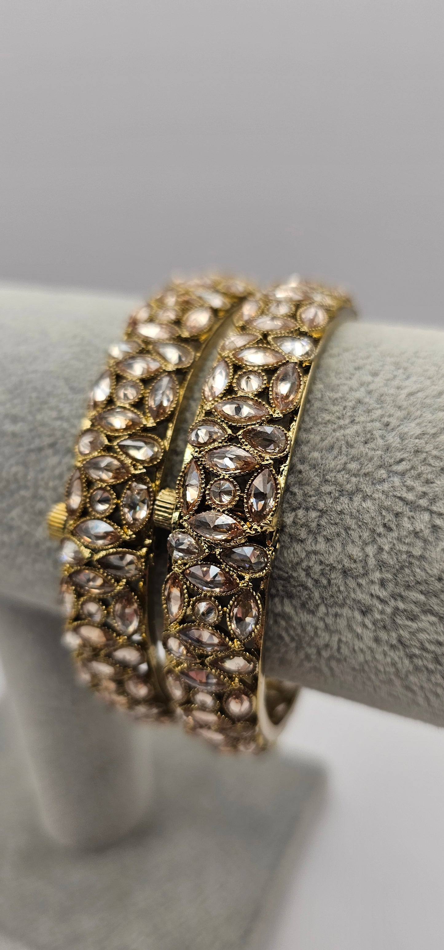 Antique Gold Champagne Zircon Thick Heavy Kada Bangles End Bangles Indian Pakistani Jewelley Size 2.6