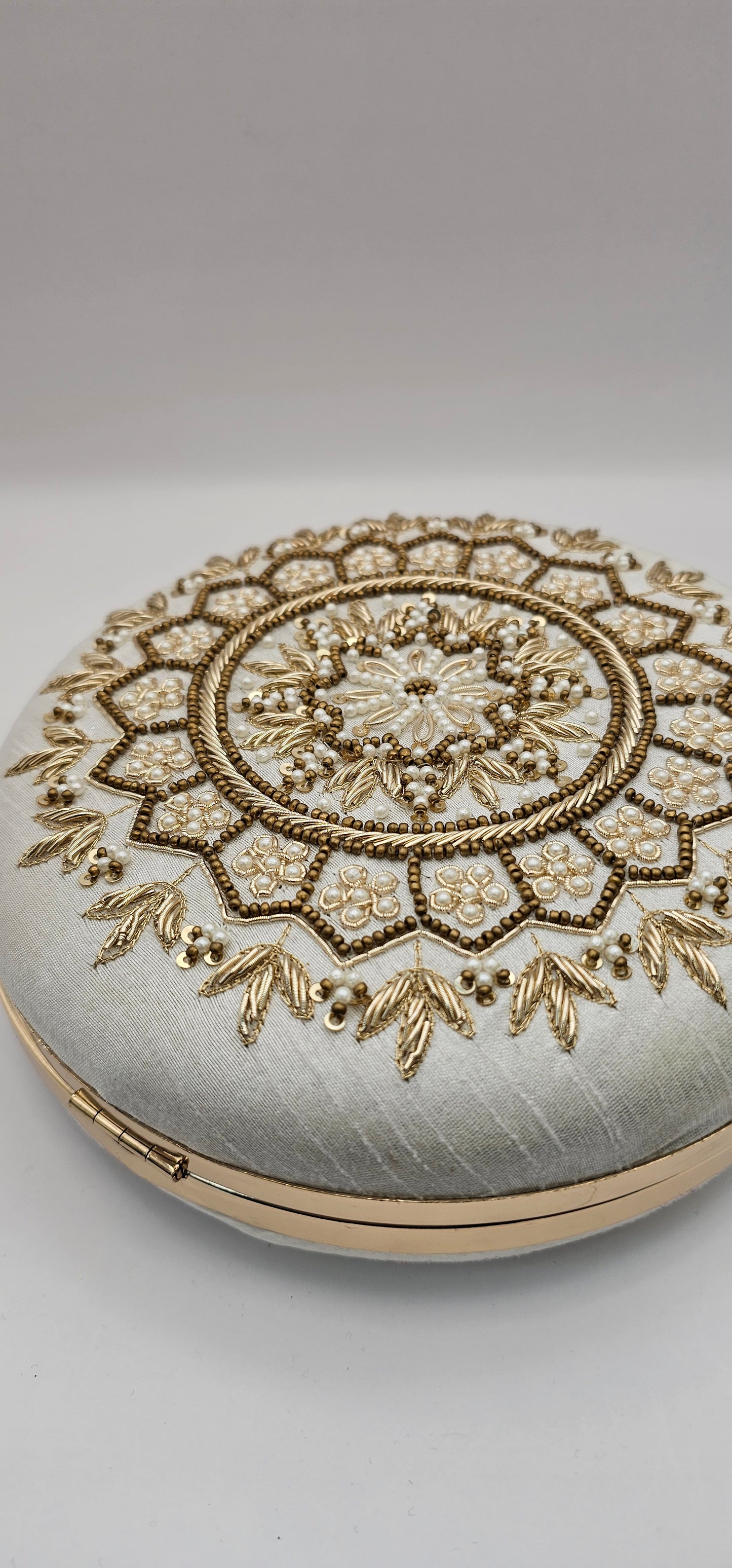 Silk Off White Champagne Round Handcrafted Mandala Design Clutch