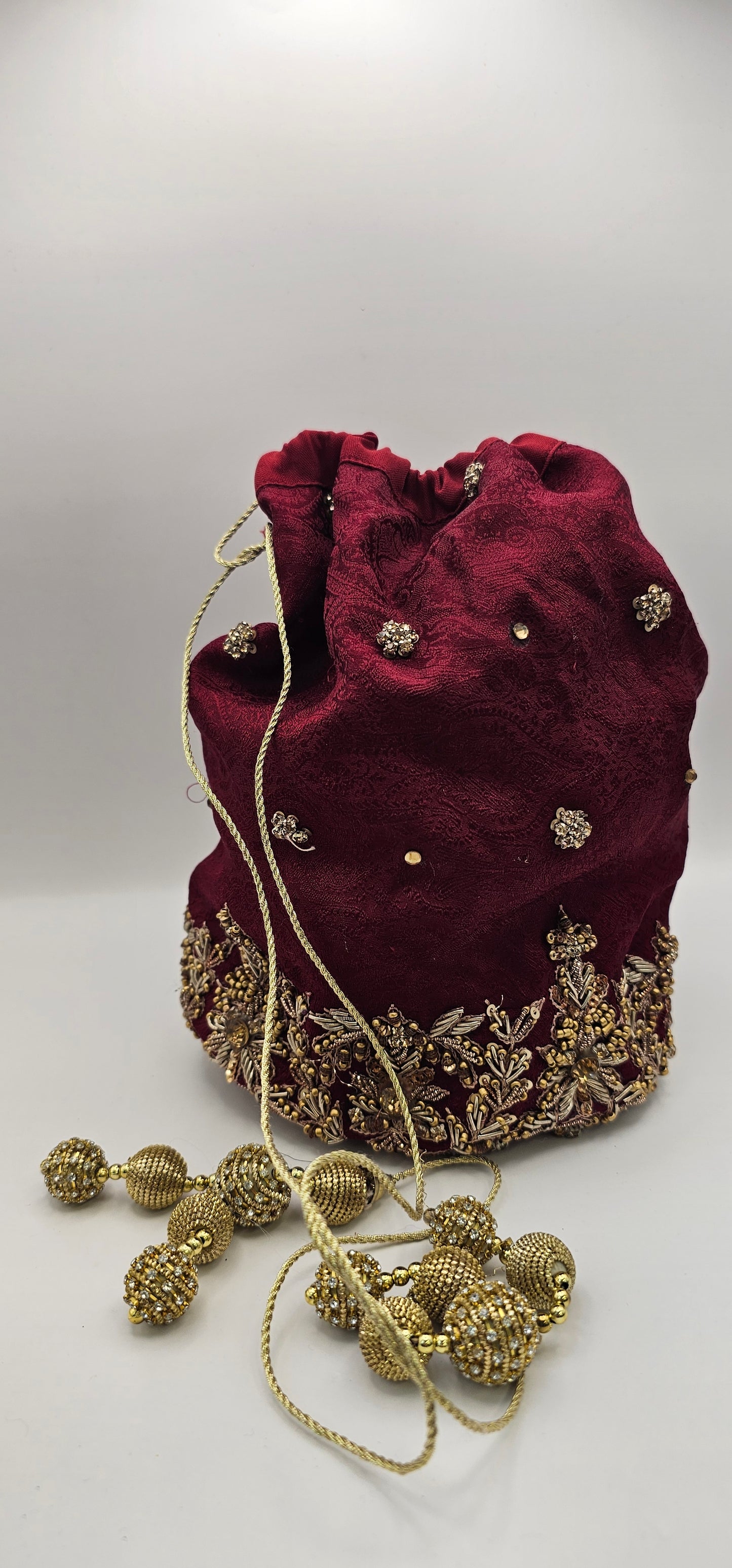 Maroon Red Embroidered With Gold & Rhinestone Detailing Potli Lotus Bag