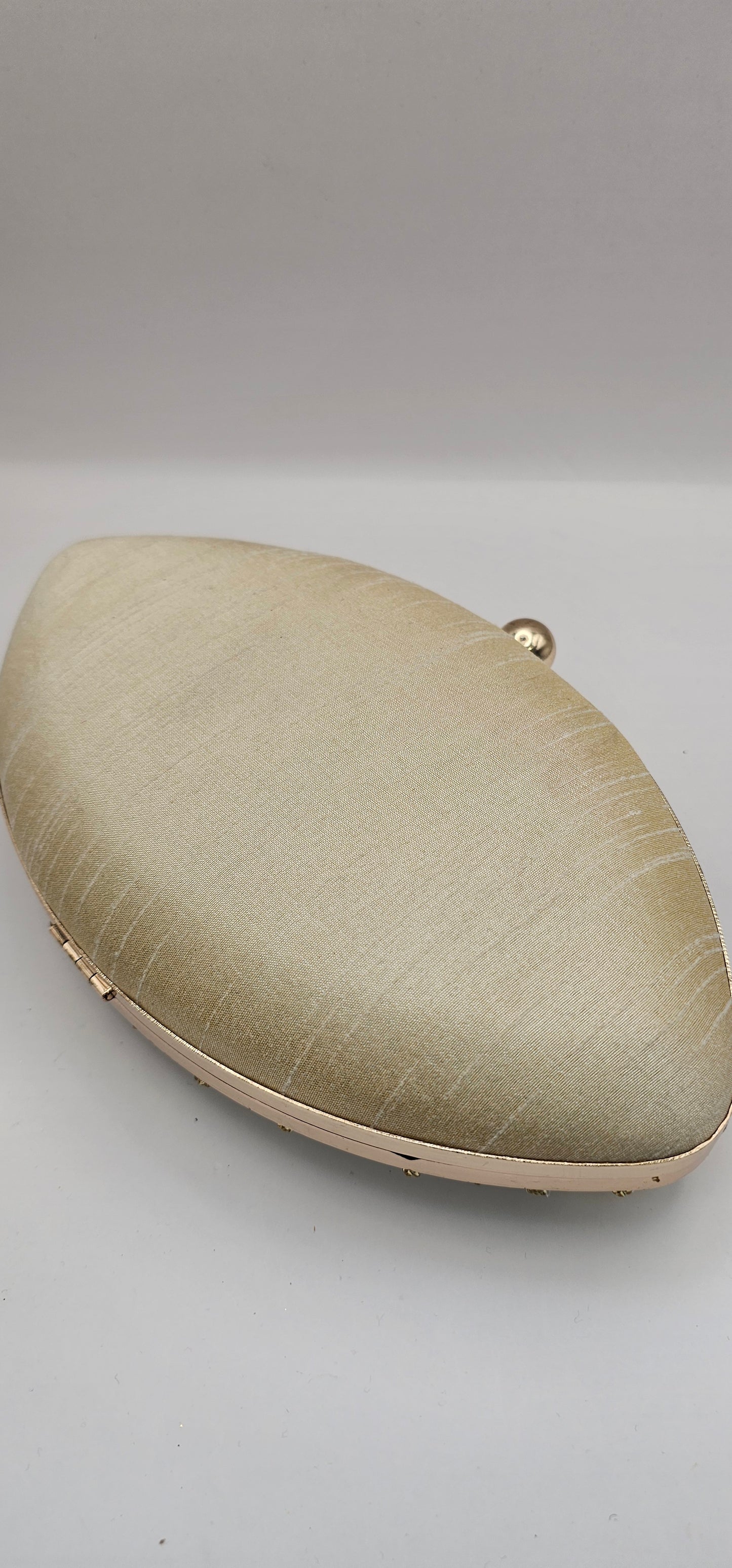 Silk Champagne Coloured Gold Rhinestones, Sequins Oval Shaped Embellished Clutch