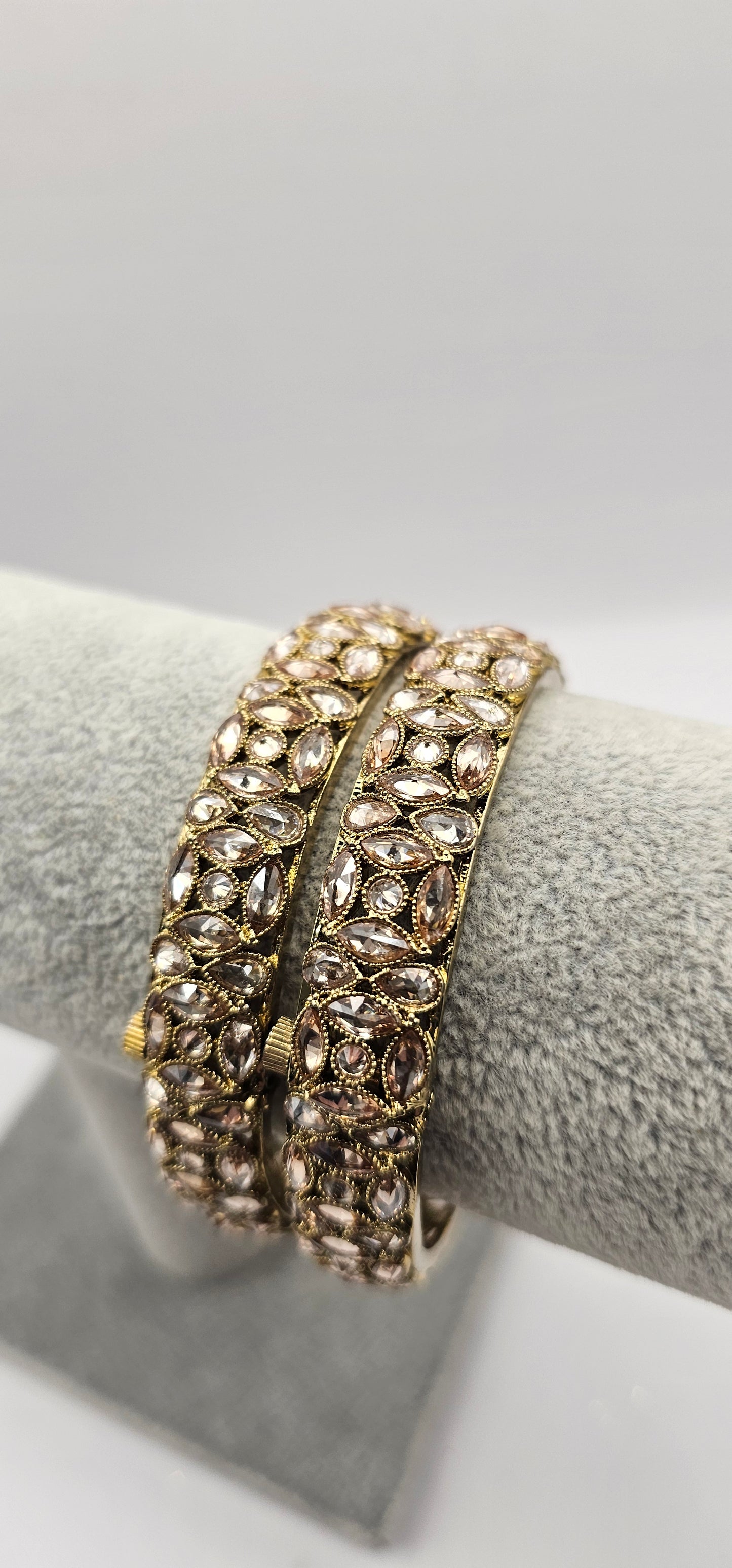 Antique Gold Champagne Zircon Thick Heavy Kada Bangles End Bangles Indian Pakistani Jewelley Size 2.6