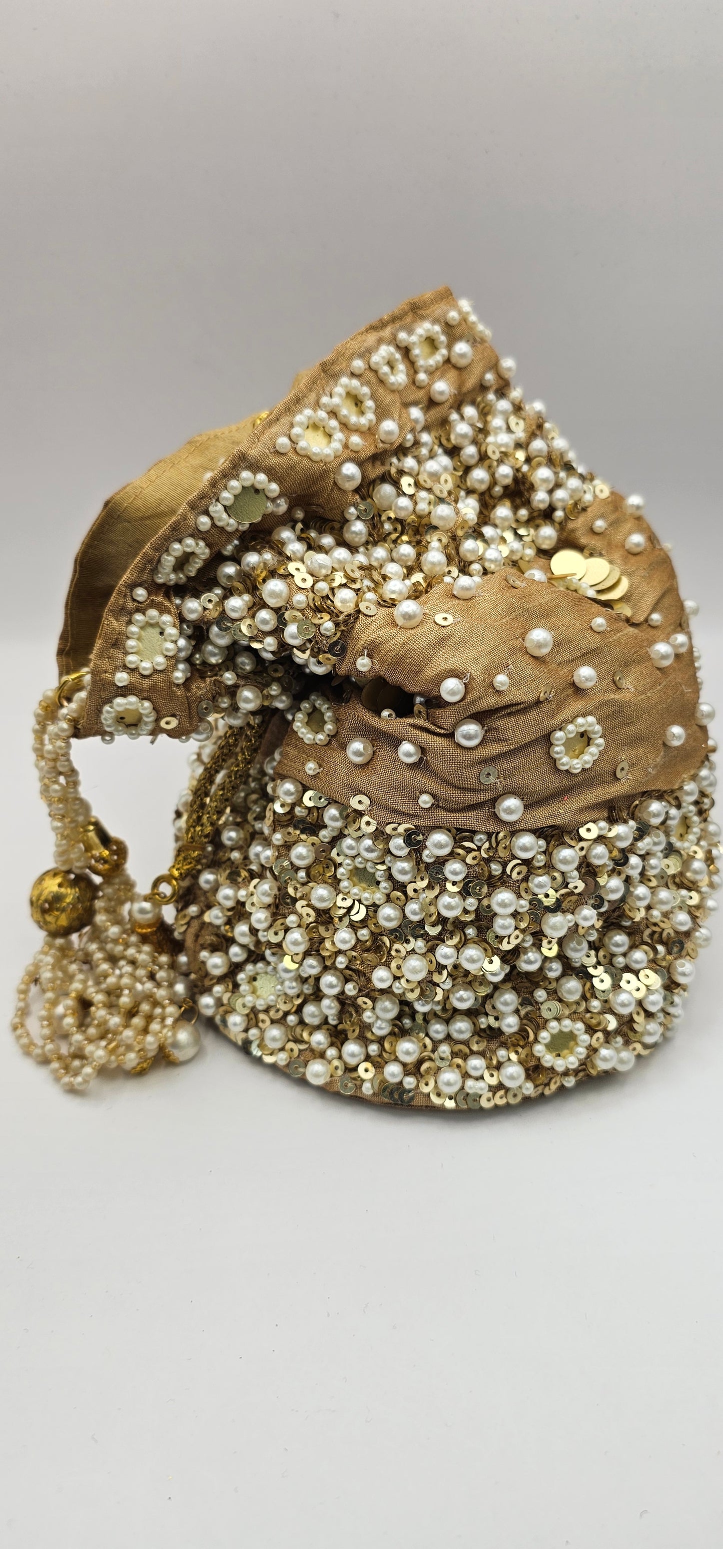 Gold & Brown Sequins, Pearls, Cut Work Poly Silk Embellished Potli Bag
