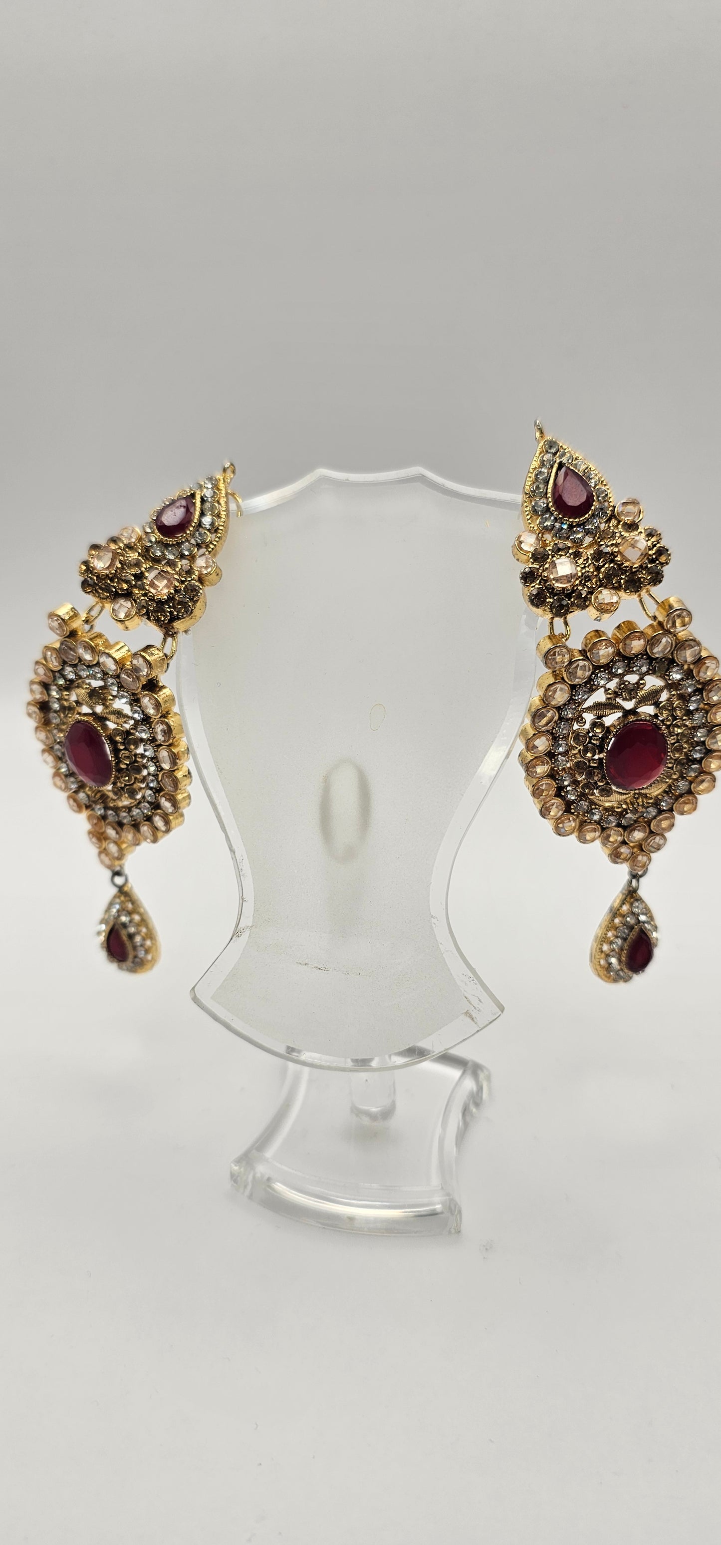 Bollywood CHANDELIER FASHION EARRINGS Gold Silver Statement Metal Red Pink Maroon Stones Vintage