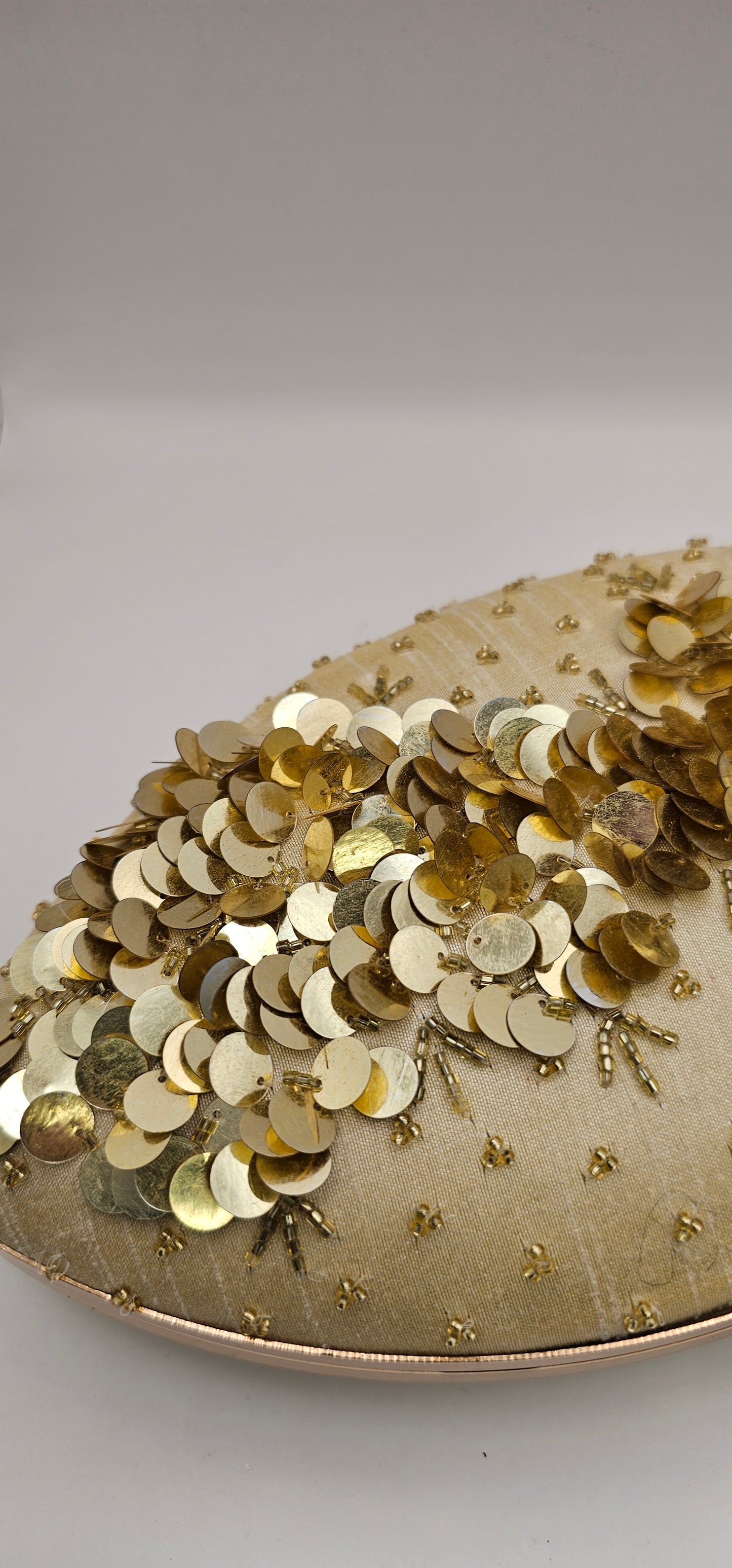 Silk Champagne Coloured Gold Rhinestones, Sequins Oval Shaped Embellished Clutch
