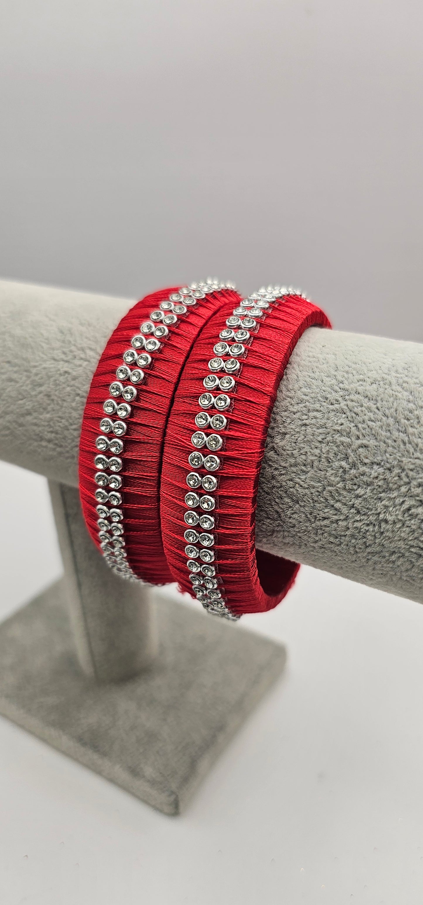 Red Fabric Bangle With Silver Stone Detail Size 2.6