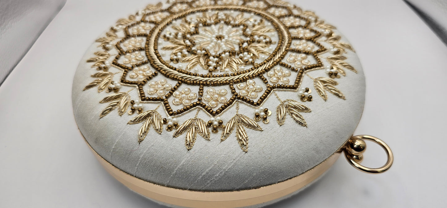 Silk Off White Champagne Round Handcrafted Mandala Design Clutch