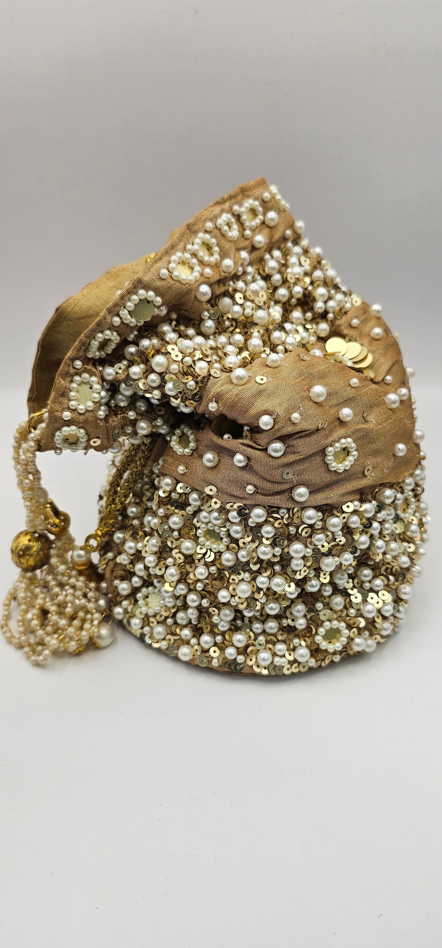Gold & Brown Sequins, Pearls, Cut Work Poly Silk Embellished Potli Bag