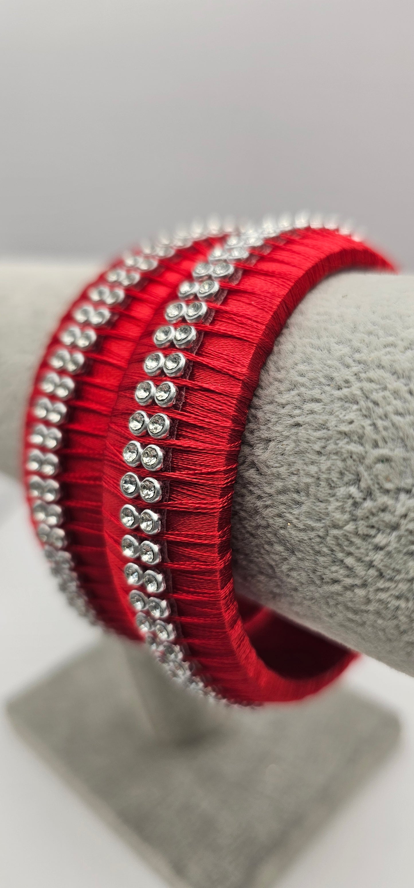 Red Fabric Bangle With Silver Stone Detail Size 2.6