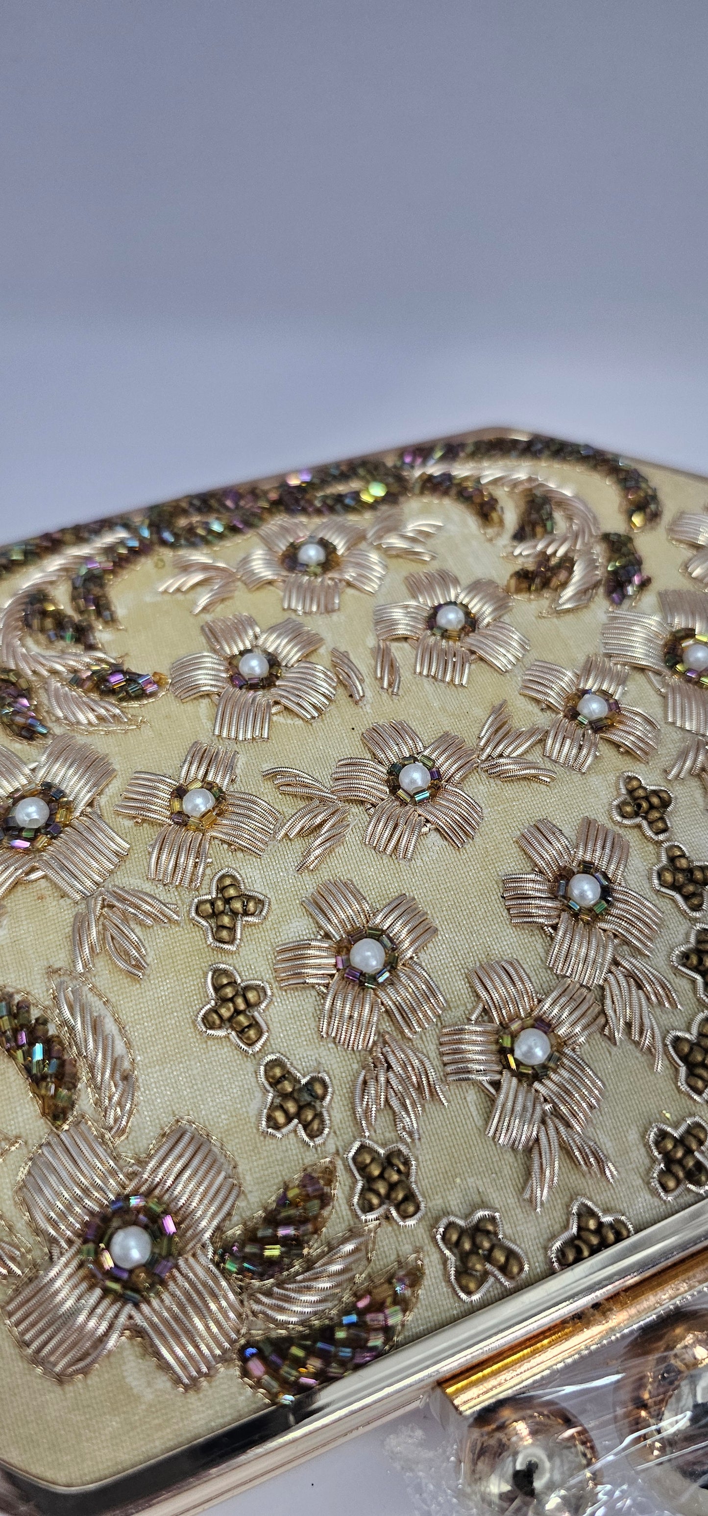 Champagne & Gold Embroidered Rectangular Clutch Bag