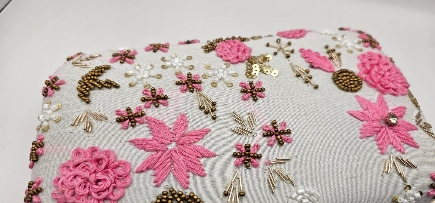 Pink & White Silk Embroidered Clutch Bag