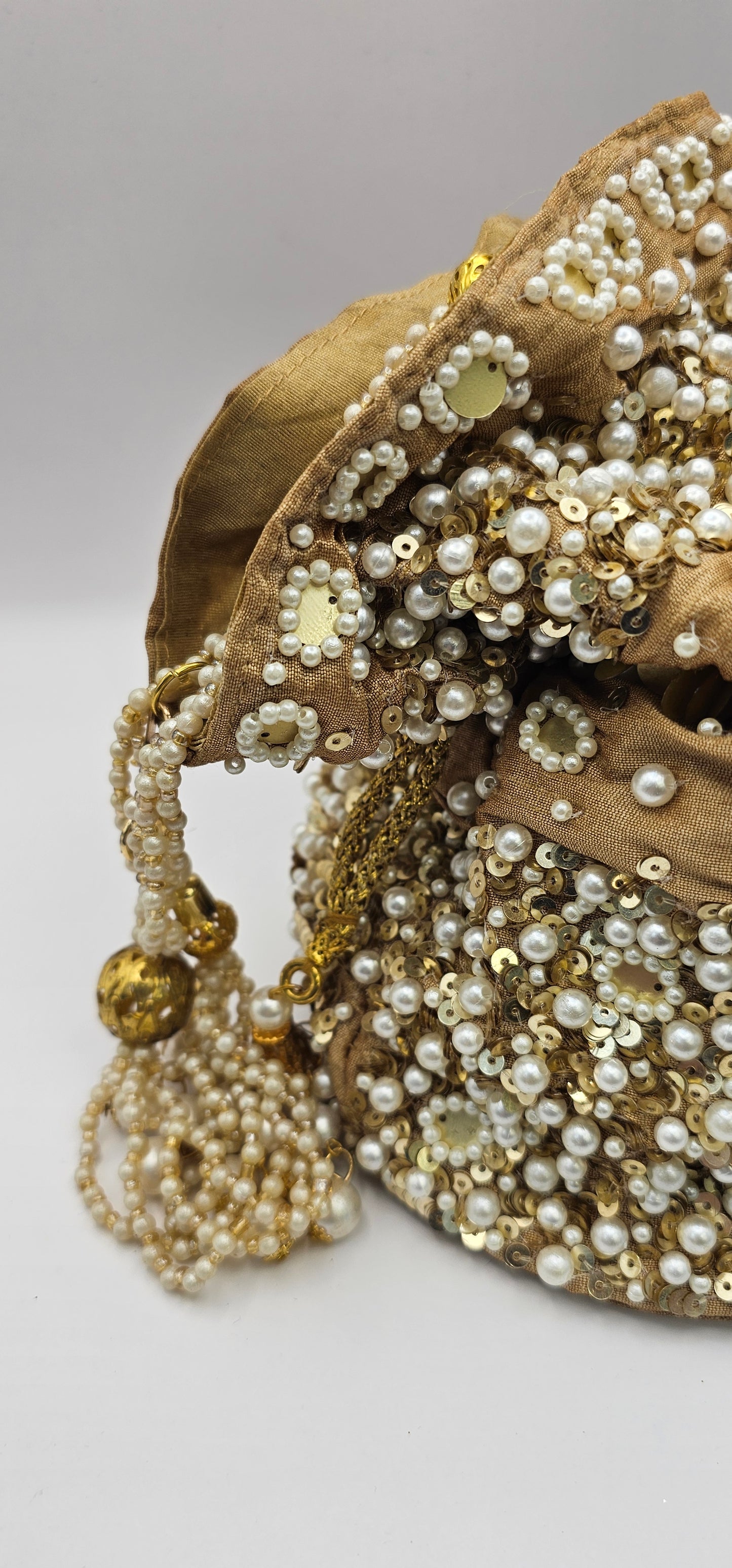 Gold & Brown Sequins, Pearls, Cut Work Poly Silk Embellished Potli Bag