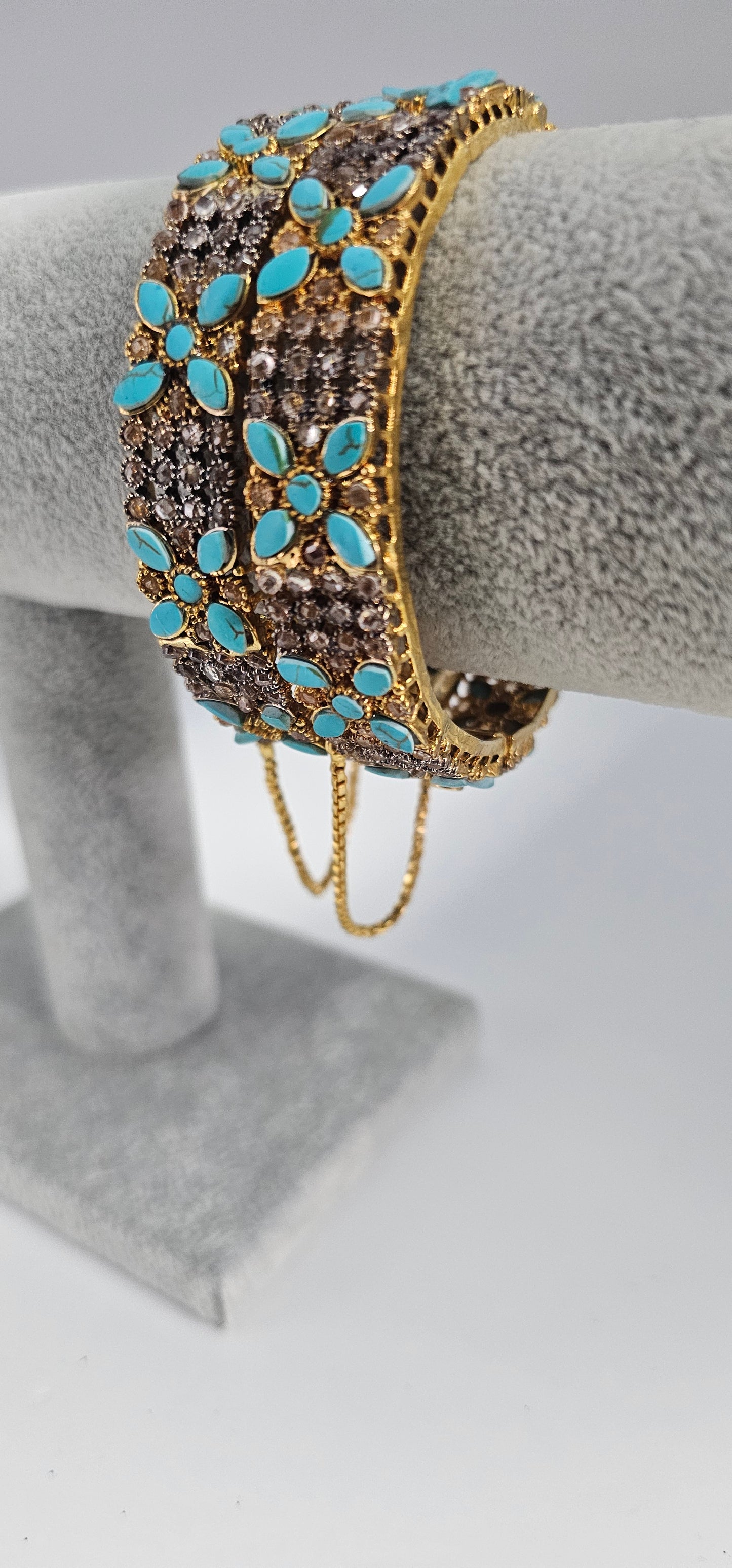 Indian Pakistani 2 Gold Plated Wide Kara Bangles With Ferozi Turquoise Stones Size 2.6