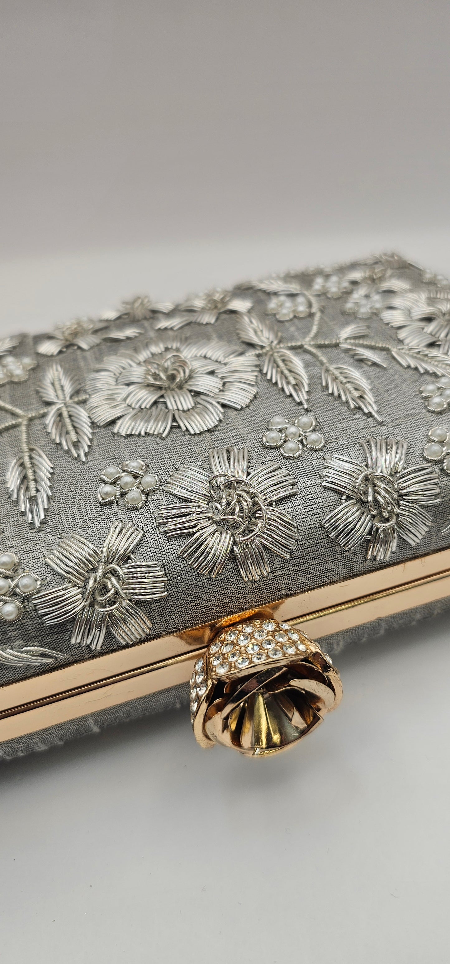 Silk Grey Embroidered Floral Pearl Design & Rose Gold Clutch Bag