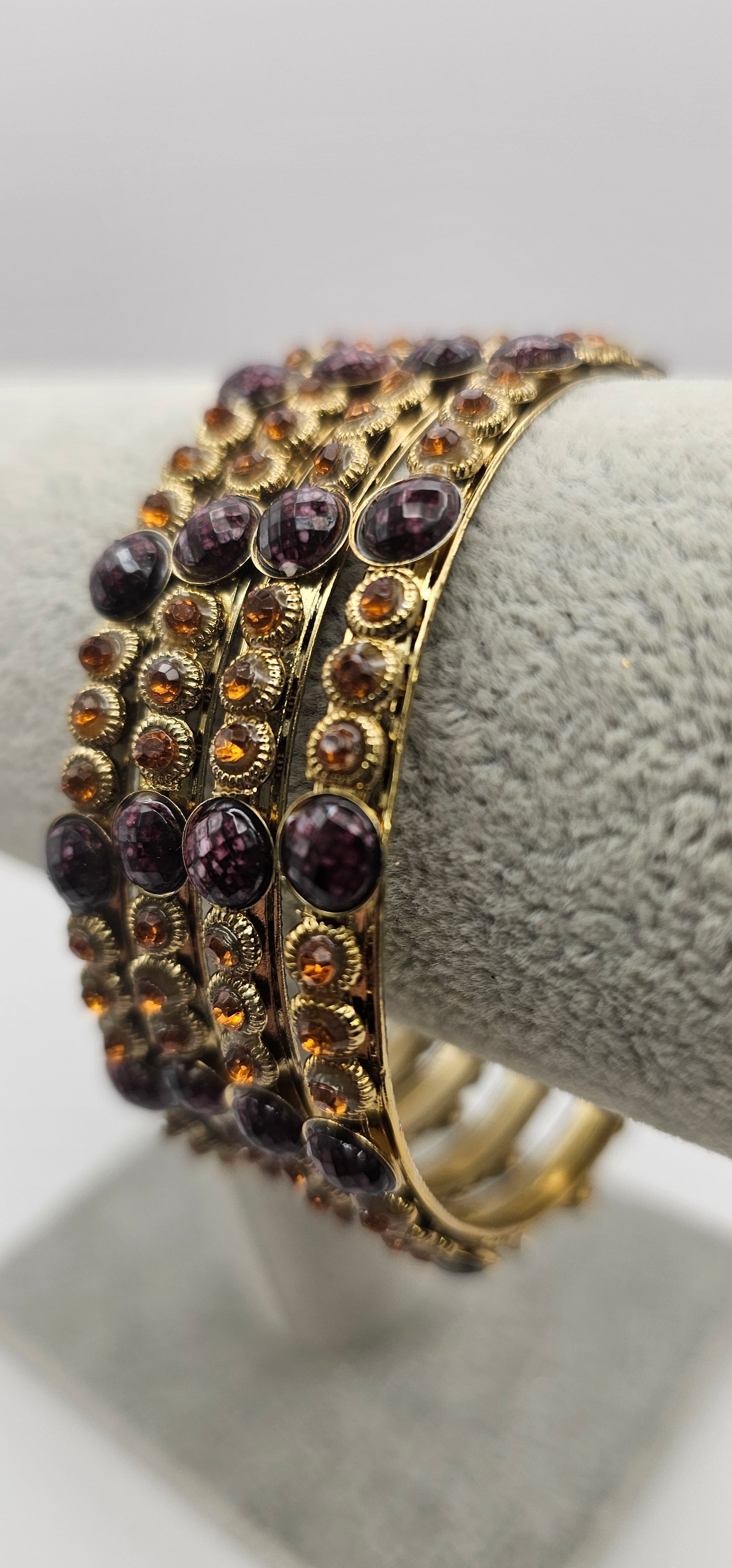 Gold/Brown - Vintage Style Gold Metal with Flower, Rhinestones Size 2.10
