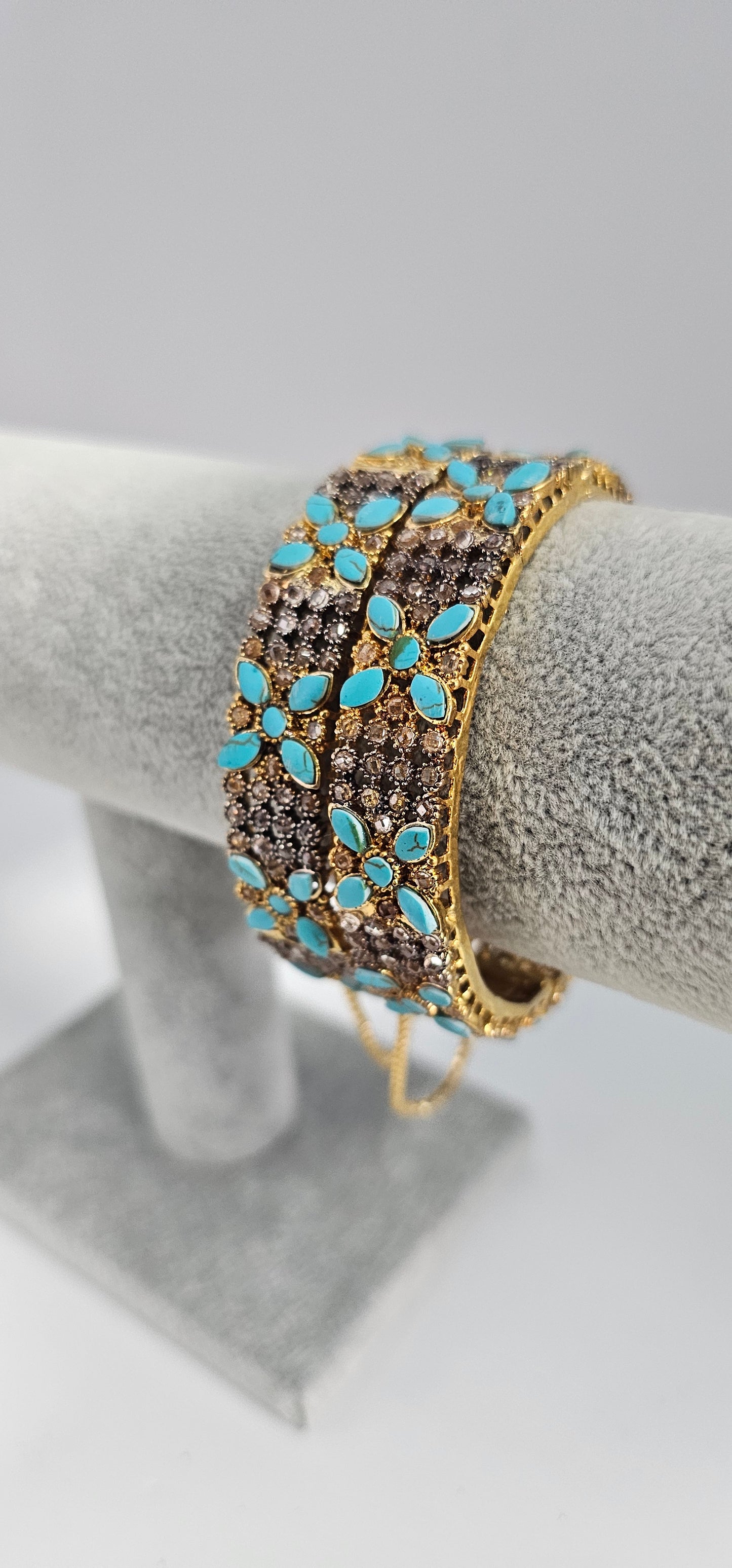 Indian Pakistani 2 Gold Plated Wide Kara Bangles With Ferozi Turquoise Stones Size 2.6