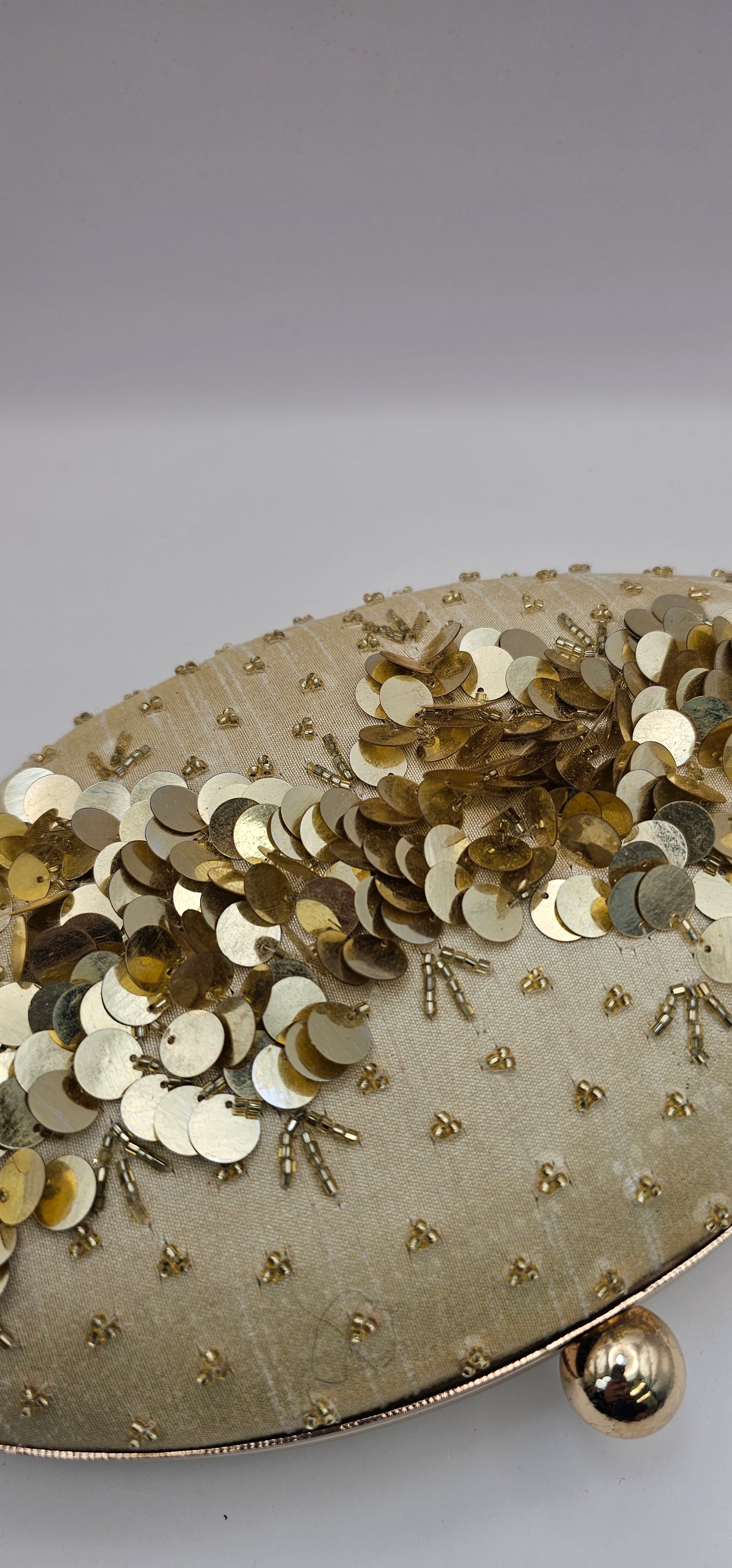 Silk Champagne Coloured Gold Rhinestones, Sequins Oval Shaped Embellished Clutch