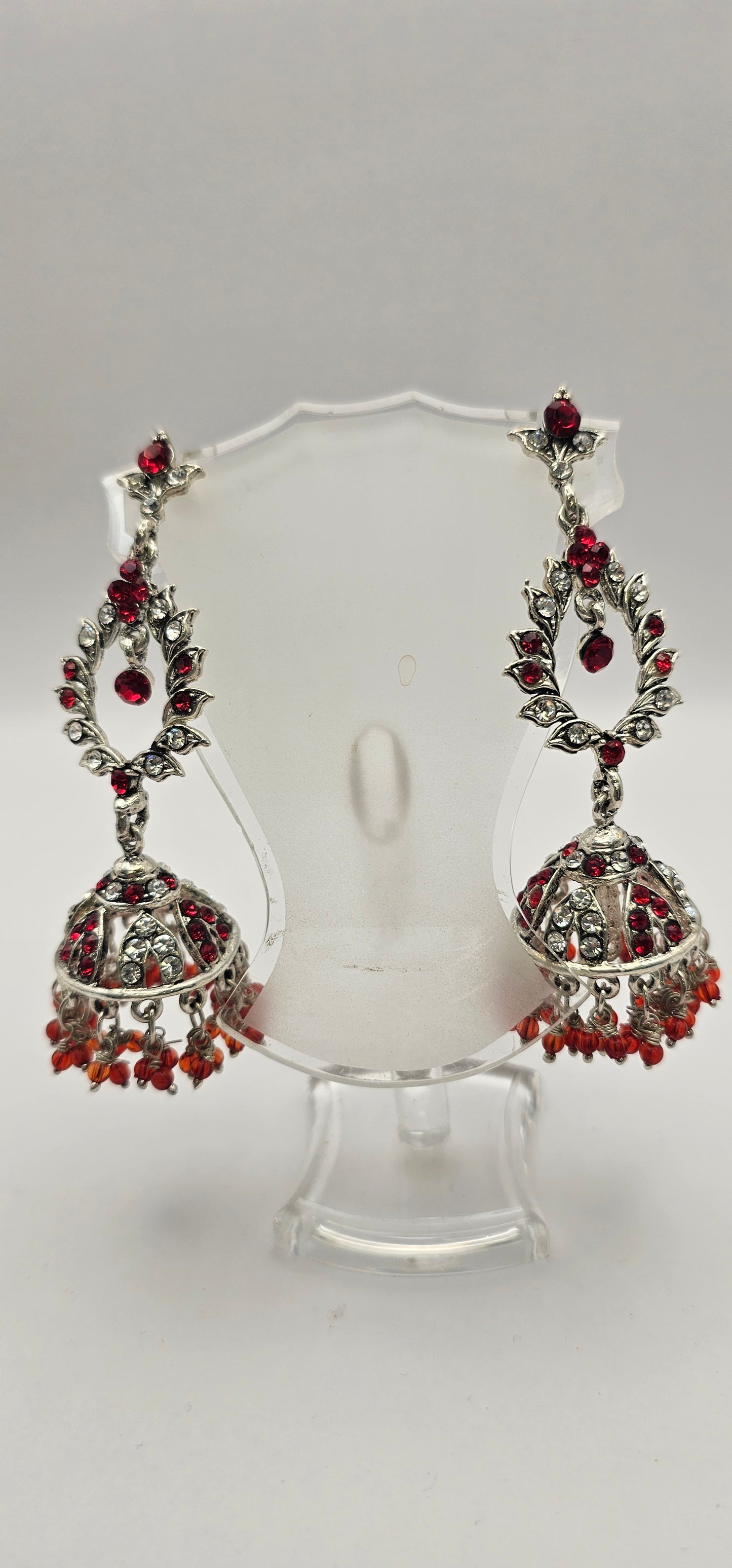 Indian Style Necklace Ruby Red and Silver Gems and Beaded Hanging Pendant