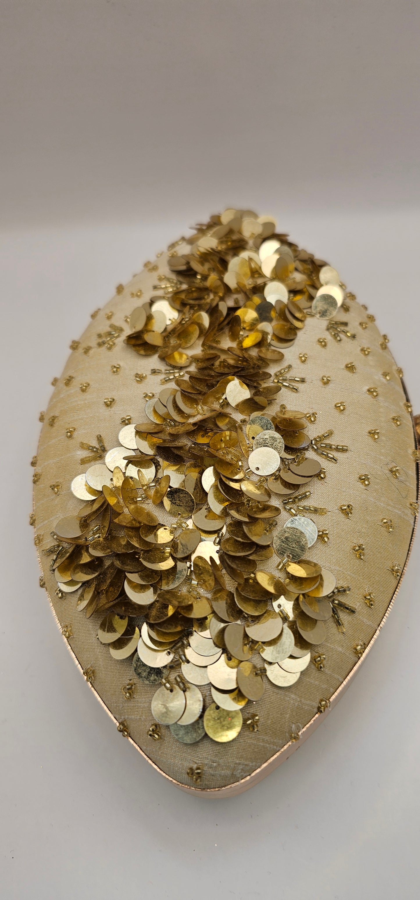 Silk Champagne Coloured Gold Rhinestones, Sequins Oval Shaped Embellished Clutch