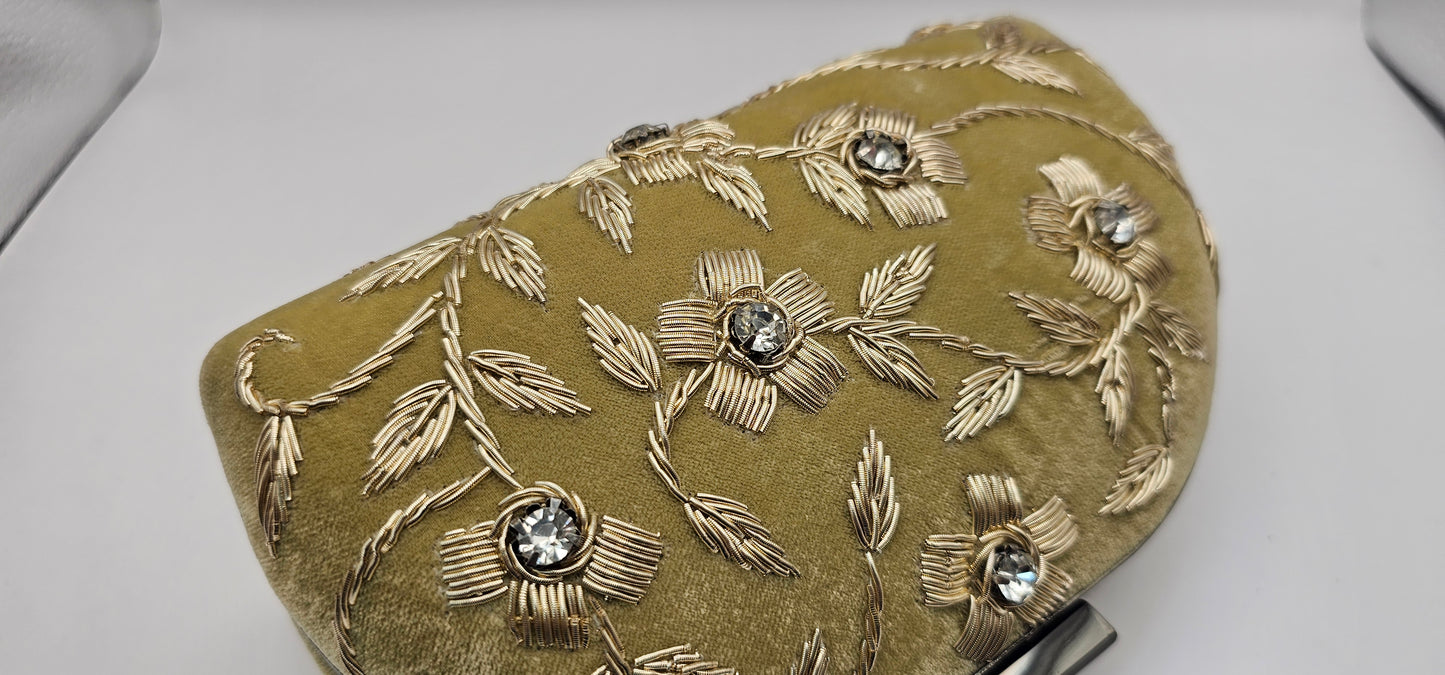 Gold Velvet Floral Embroidered Clutch Bag