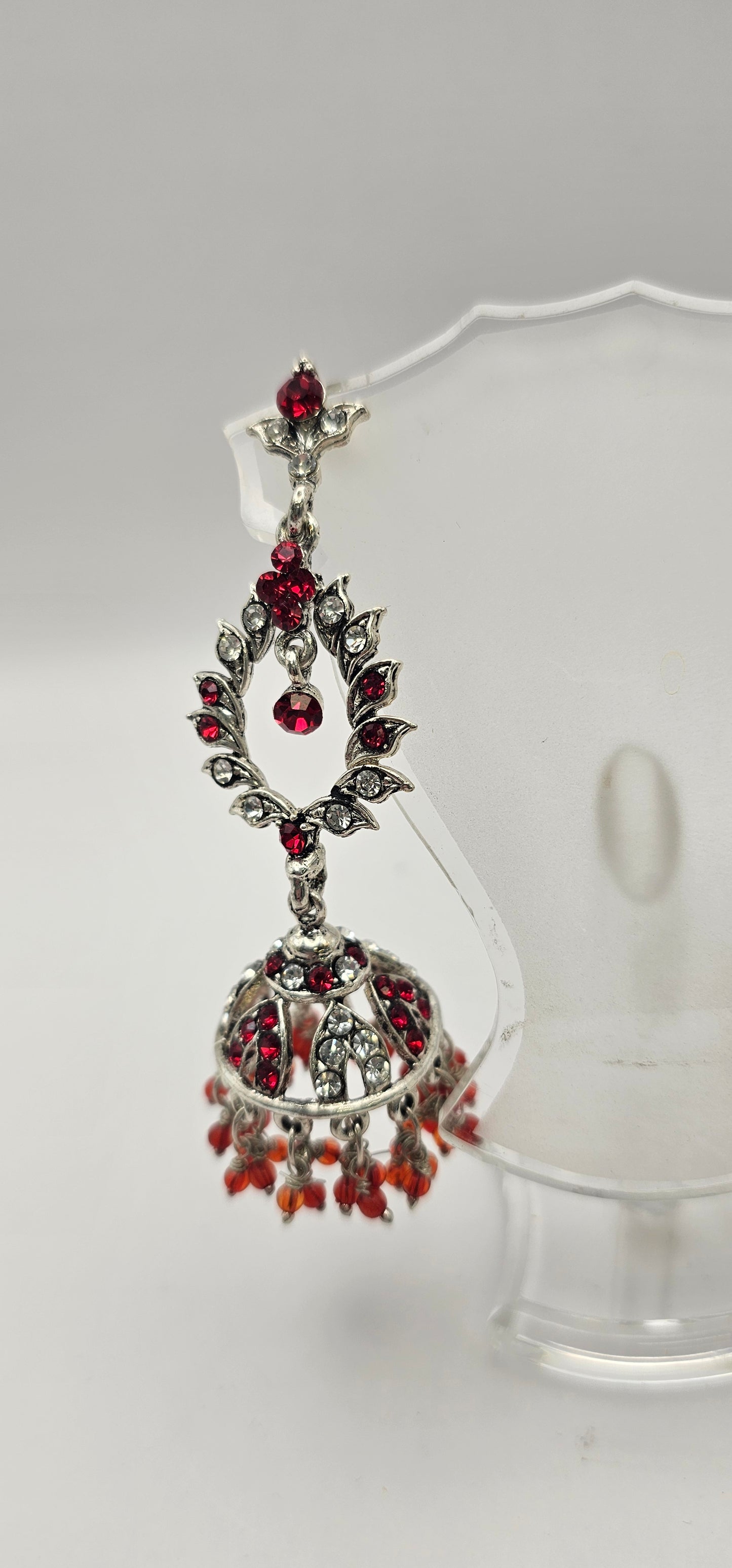 Indian Style Necklace Ruby Red and Silver Gems and Beaded Hanging Pendant