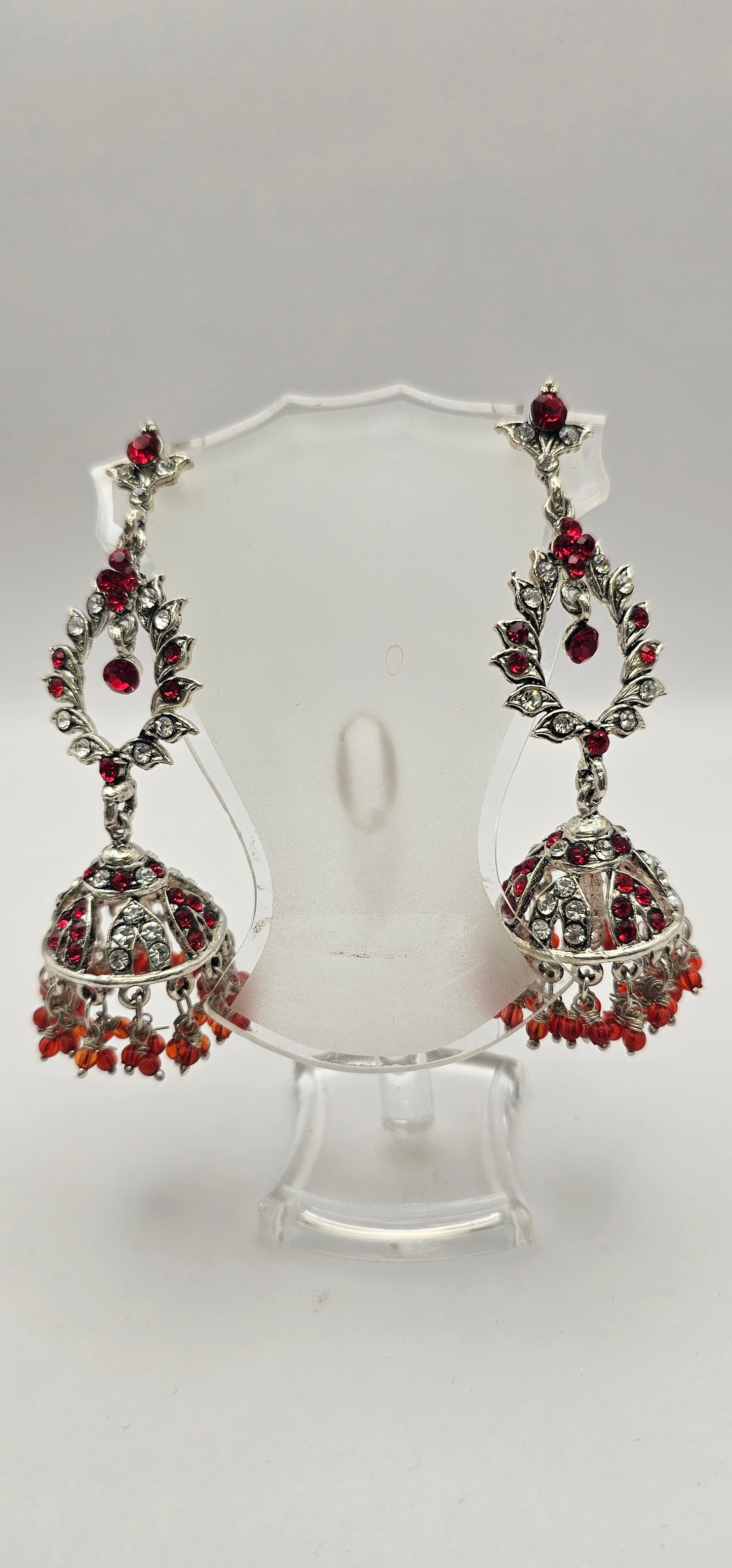 Indian Style Necklace Ruby Red and Silver Gems and Beaded Hanging Pendant