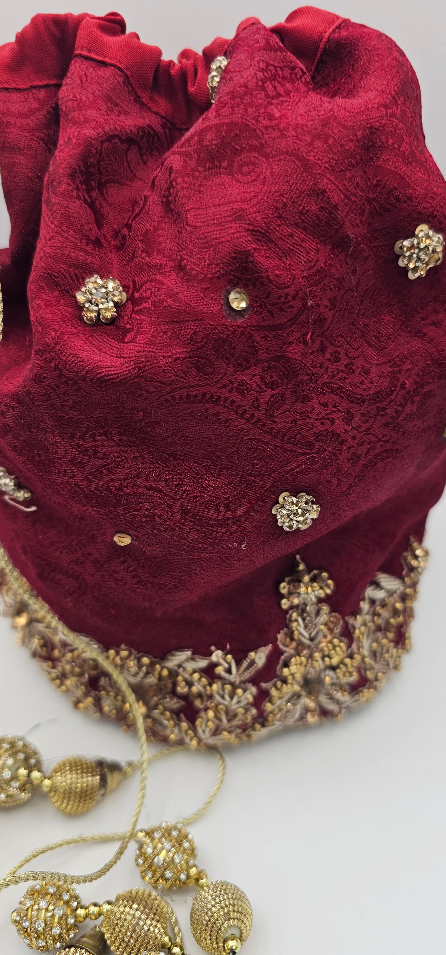 Maroon Red Embroidered With Gold & Rhinestone Detailing Potli Lotus Bag