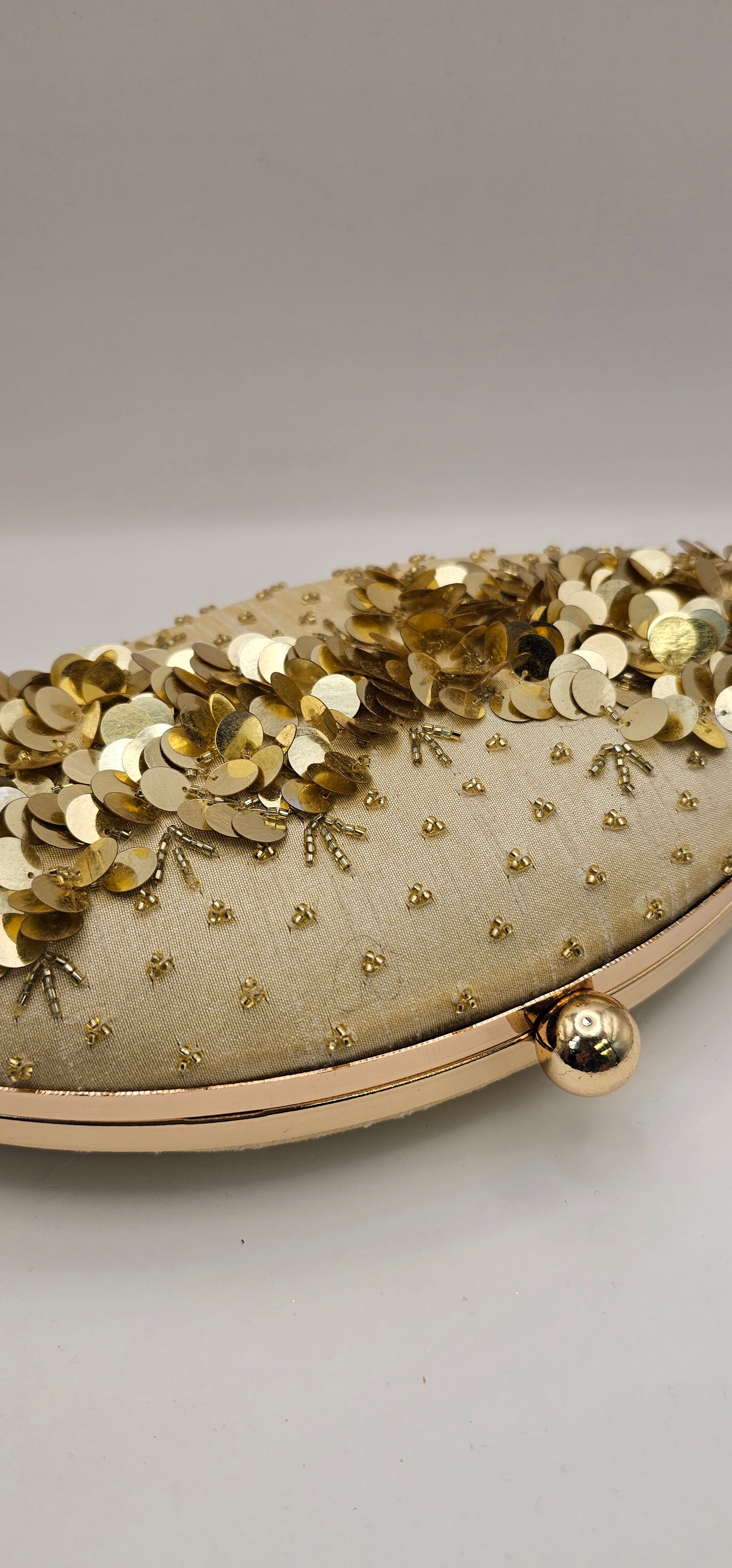 Silk Champagne Coloured Gold Rhinestones, Sequins Oval Shaped Embellished Clutch