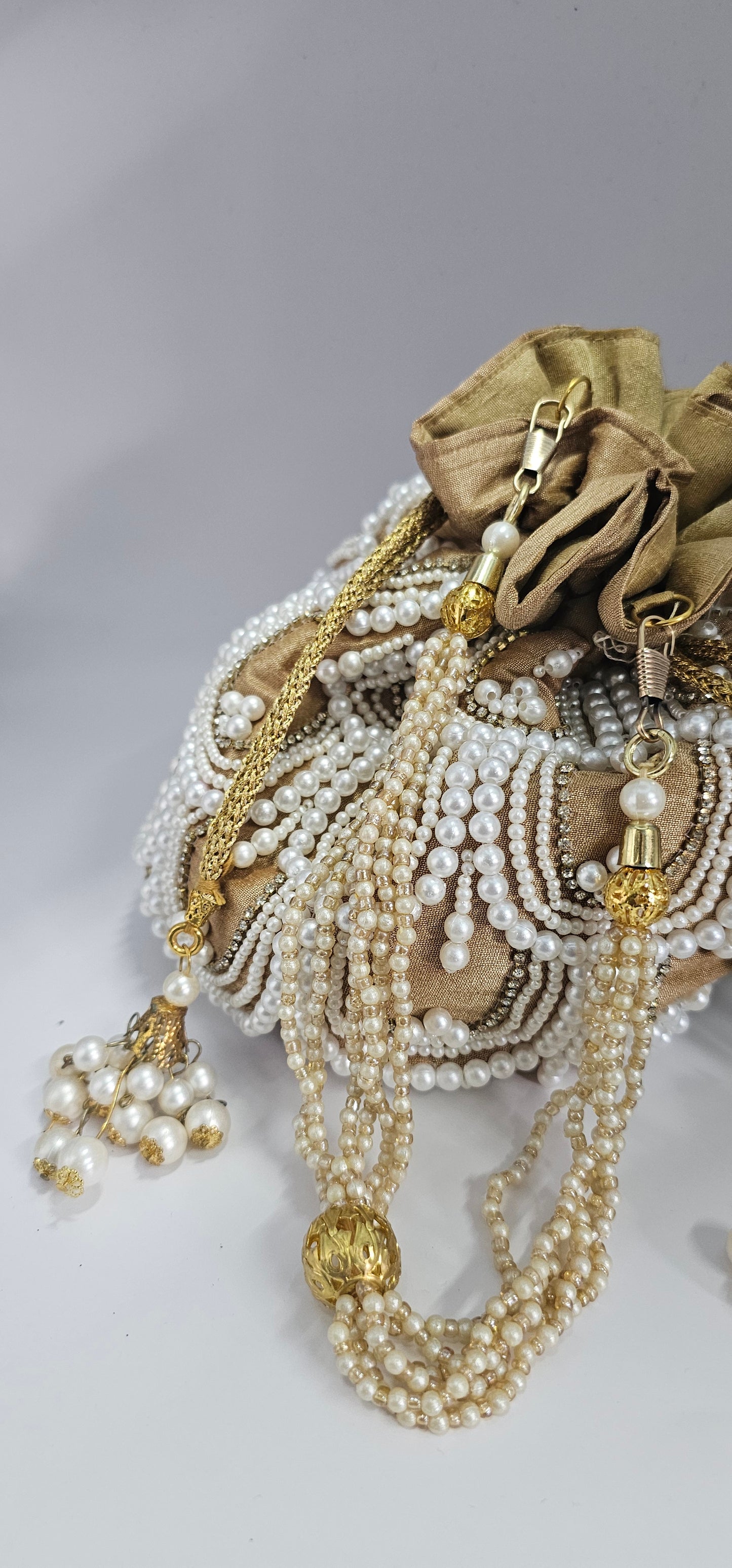 Gold & Pearl Potli Bag | Gold Beaded Studded Clutch / Lotus Bag